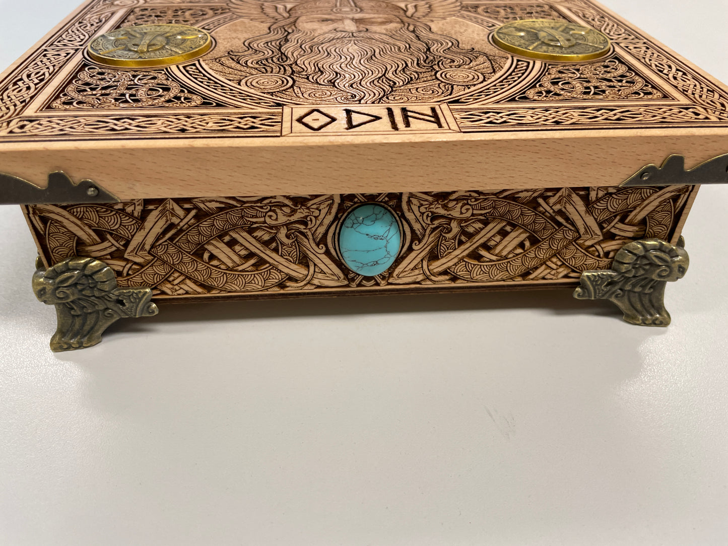 Norse mythology inspired Odin engraved wooden jewelry and tarot box
