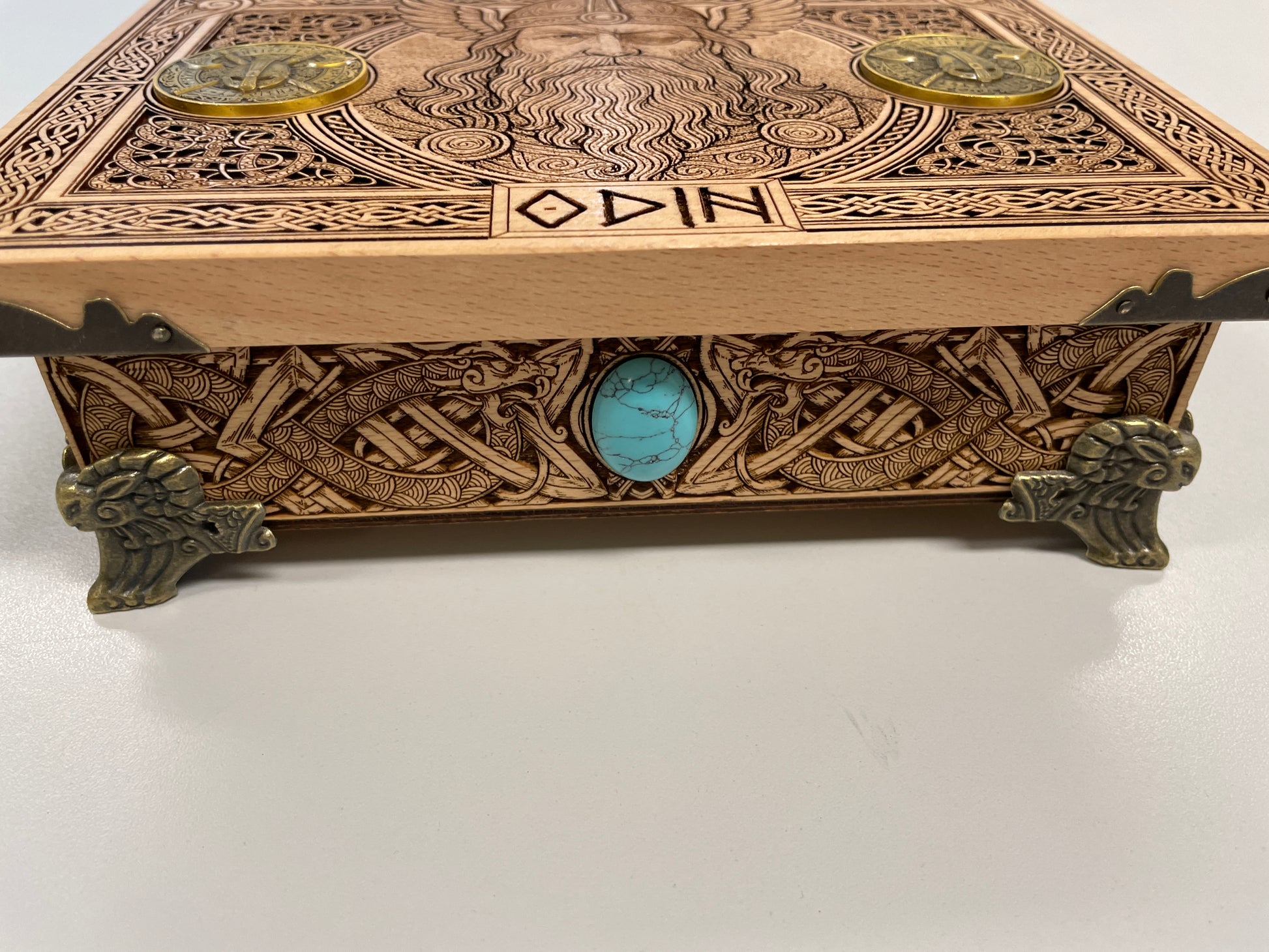 Norse mythology inspired Odin engraved wooden jewelry and tarot box
