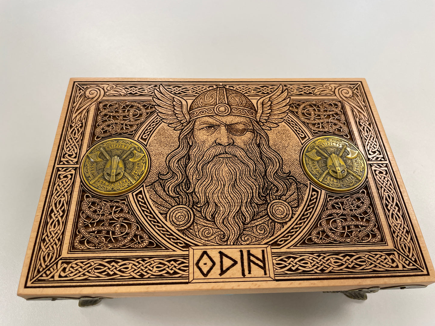 Odin Viking Altar Box – Engraved Solid Wood Norse Jewelry & Tarot Keepsake Box