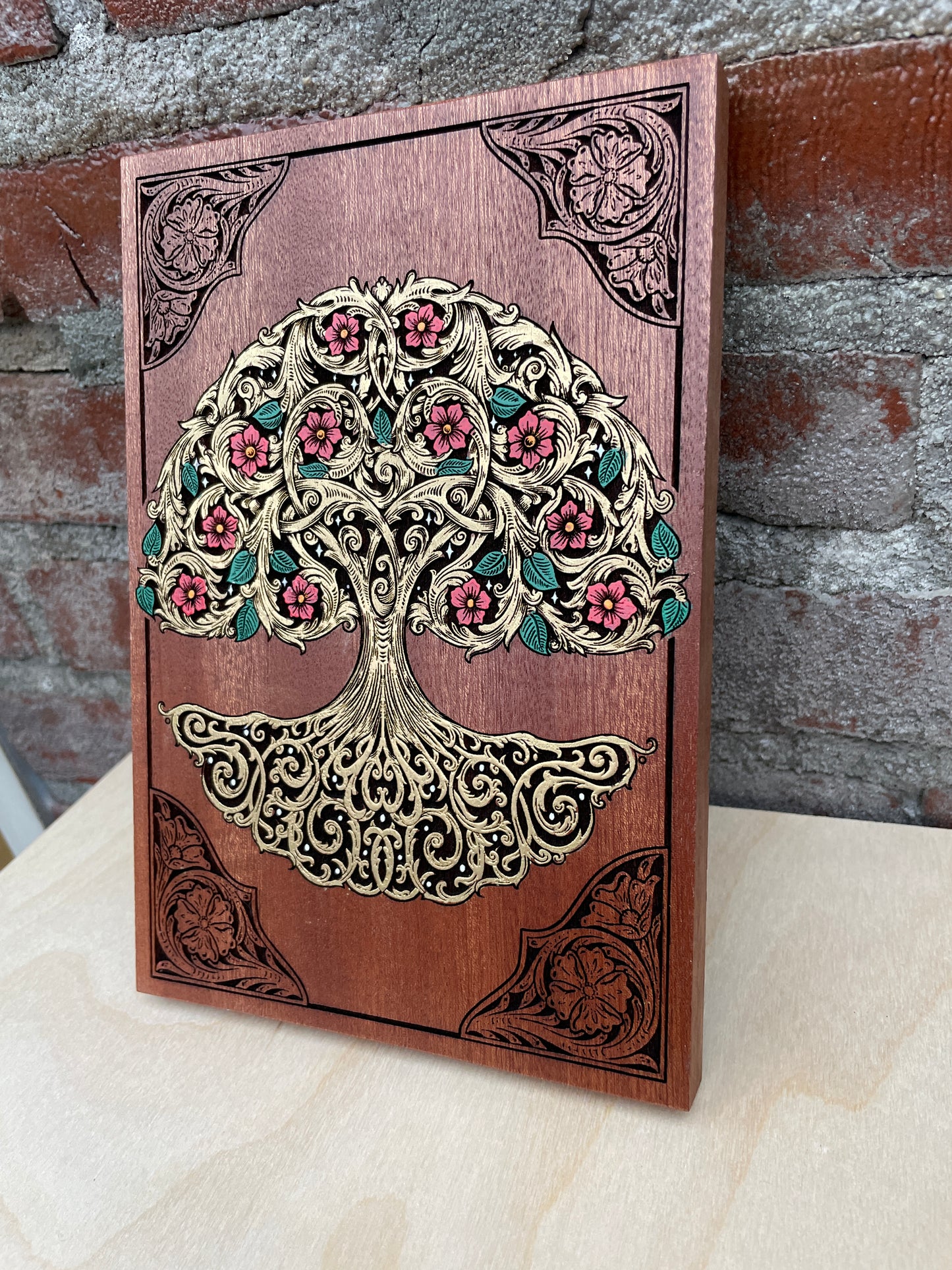 Sacred Tree of Life Yggdrasil engraved mahogany wall art handmade mythology decor