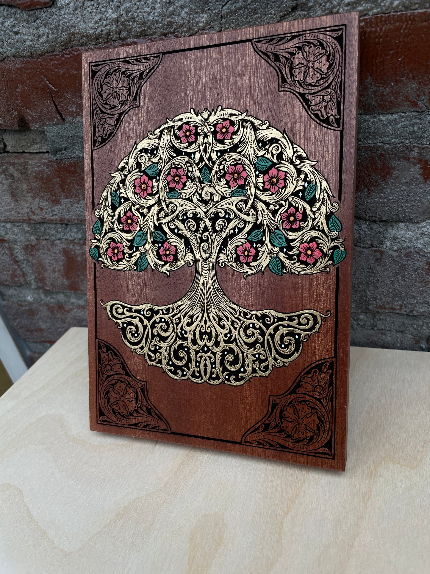 Tree of Life Wooden Wall Art – Hand Painted Mahogany Yggdrasil Sacred Tree Engraved Decor Large