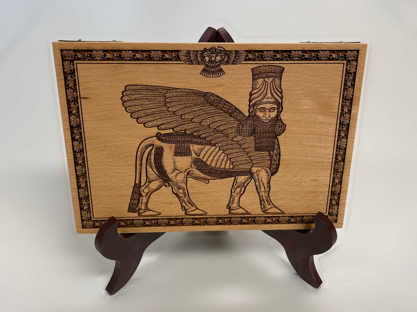 Anunnaki Lamassu Wall Art – Ancient mythology Assyrian Winged Guardian Engraved Wooden Panel - Forgotten Engravings