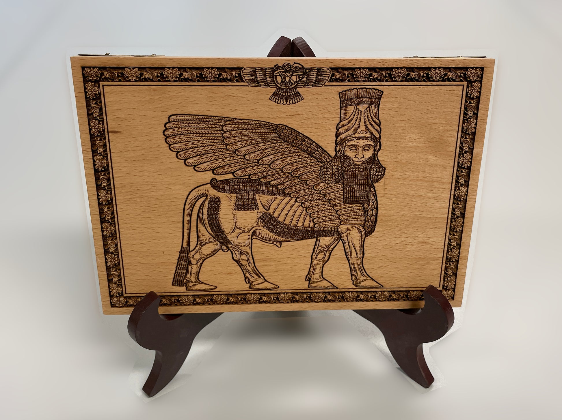 Anunnaki Lamassu Wall Art – Ancient mythology Assyrian Winged Guardian Engraved Wooden Panel - Forgotten Engravings