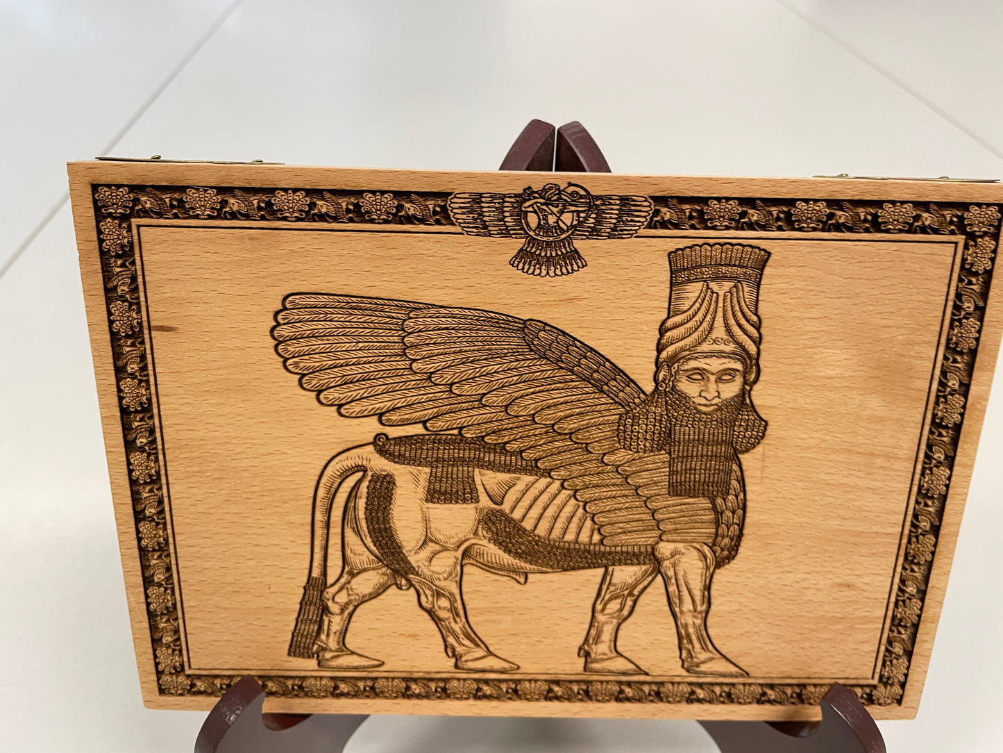 Ancient aliens Lamassu Anunnaki winged bull engraved wooden wall panel
