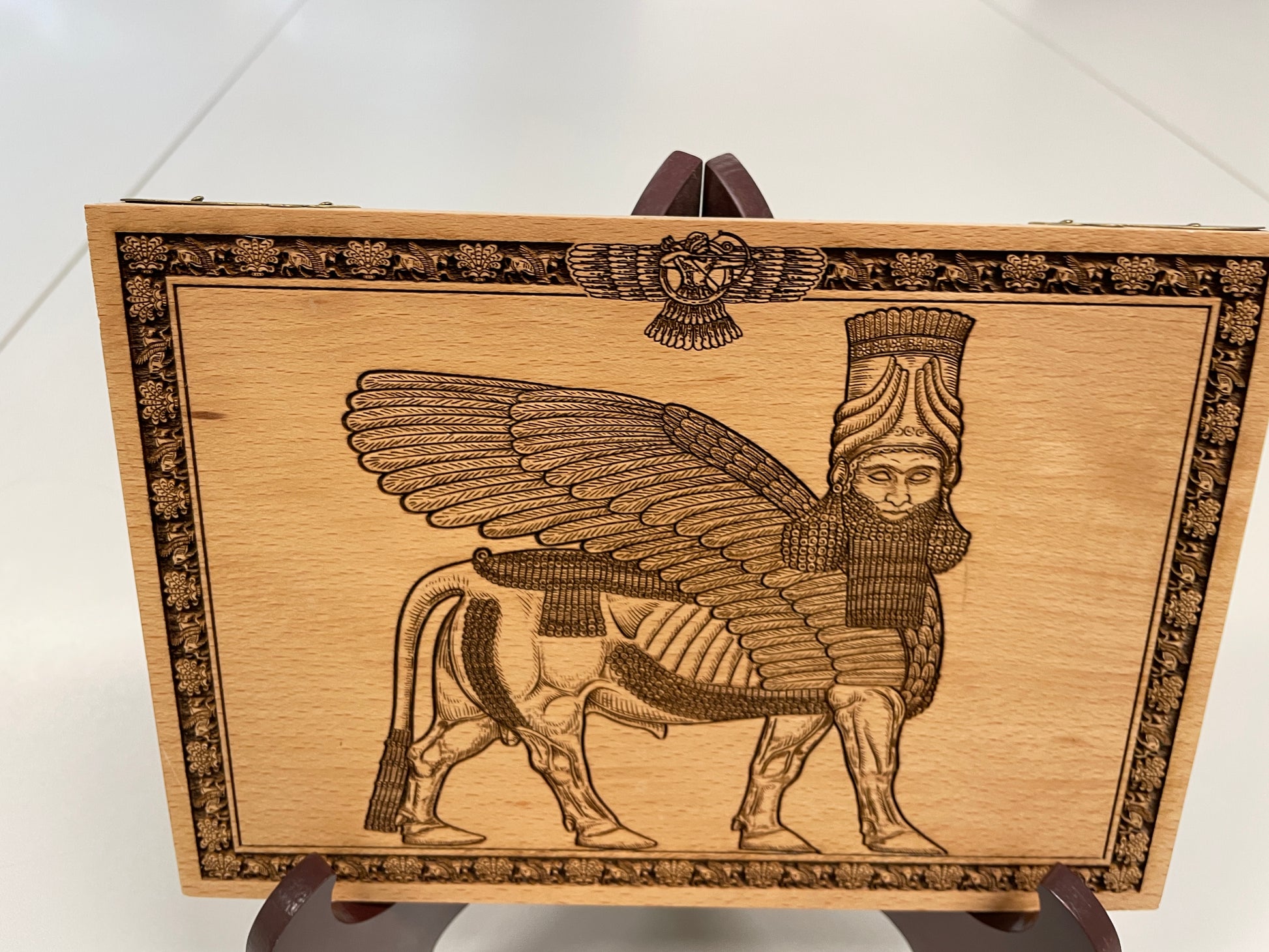 Ancient aliens Lamassu Anunnaki winged bull engraved wooden wall panel