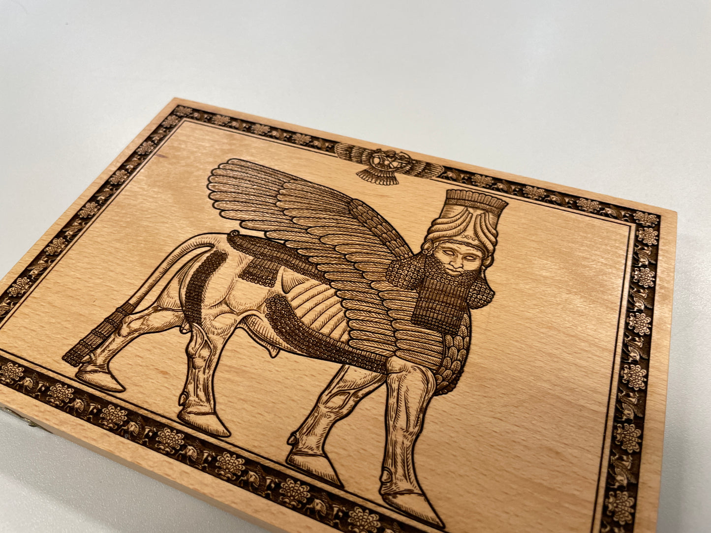 Anunnaki Lamassu Wall Art – Ancient mythology Assyrian Winged Guardian Engraved Wooden Panel - Forgotten Engravings