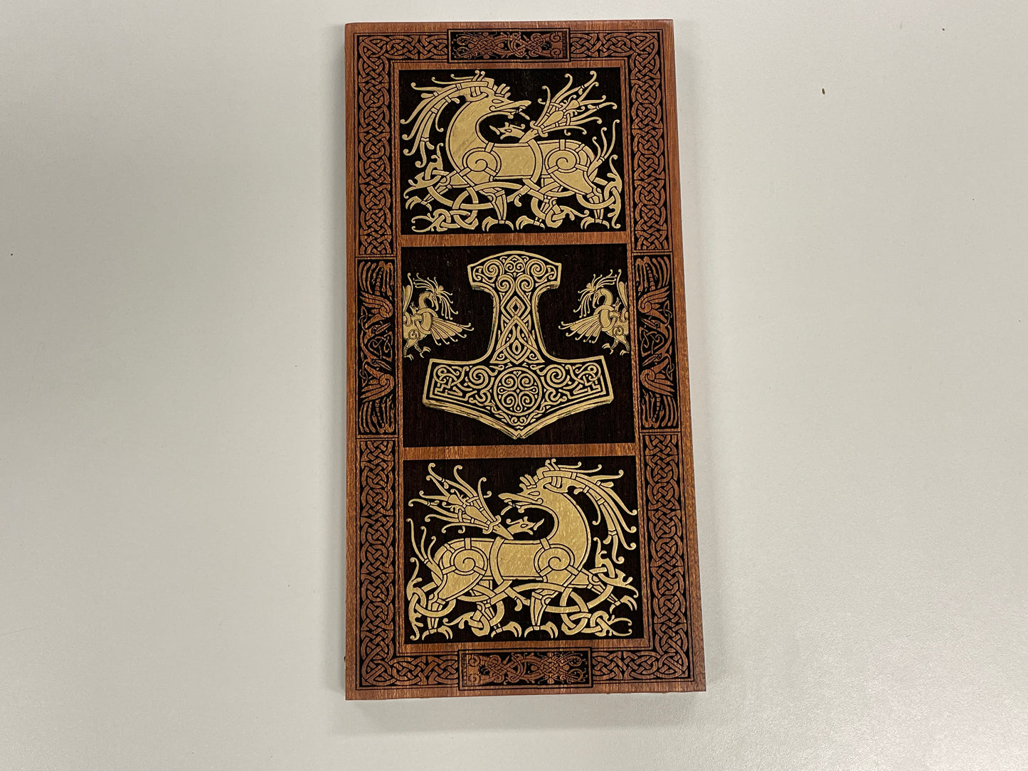 Viking Thor Hammer Wall Art – Ringerike Style Mahogany Mjölnir Wood Panel