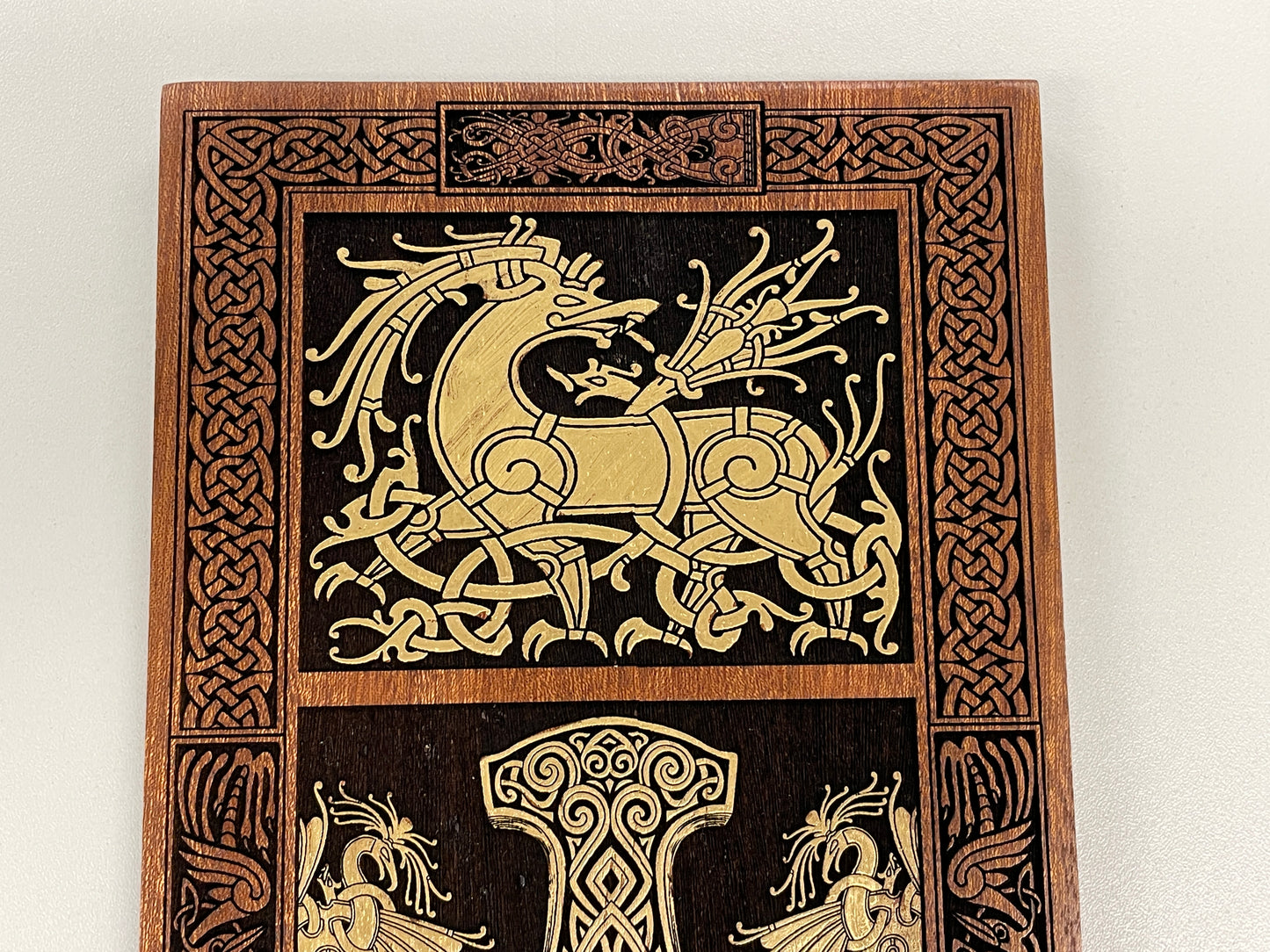 Viking Thor Hammer Wall Art – Ringerike Style Mahogany Mjölnir Wood Panel