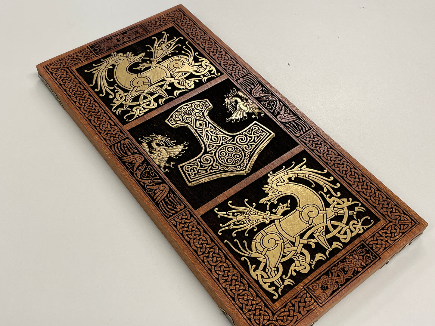 Viking Thor Hammer Wall Art – Ringerike Style Mahogany Mjölnir Wood Panel