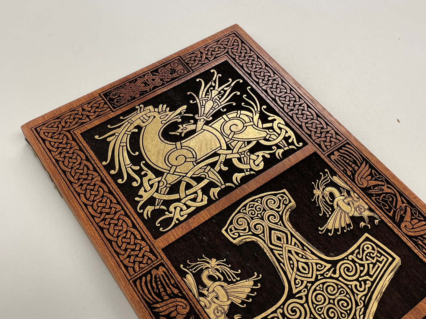 Viking Thor Hammer Wall Art – Ringerike Style Mahogany Mjölnir Wood Panel