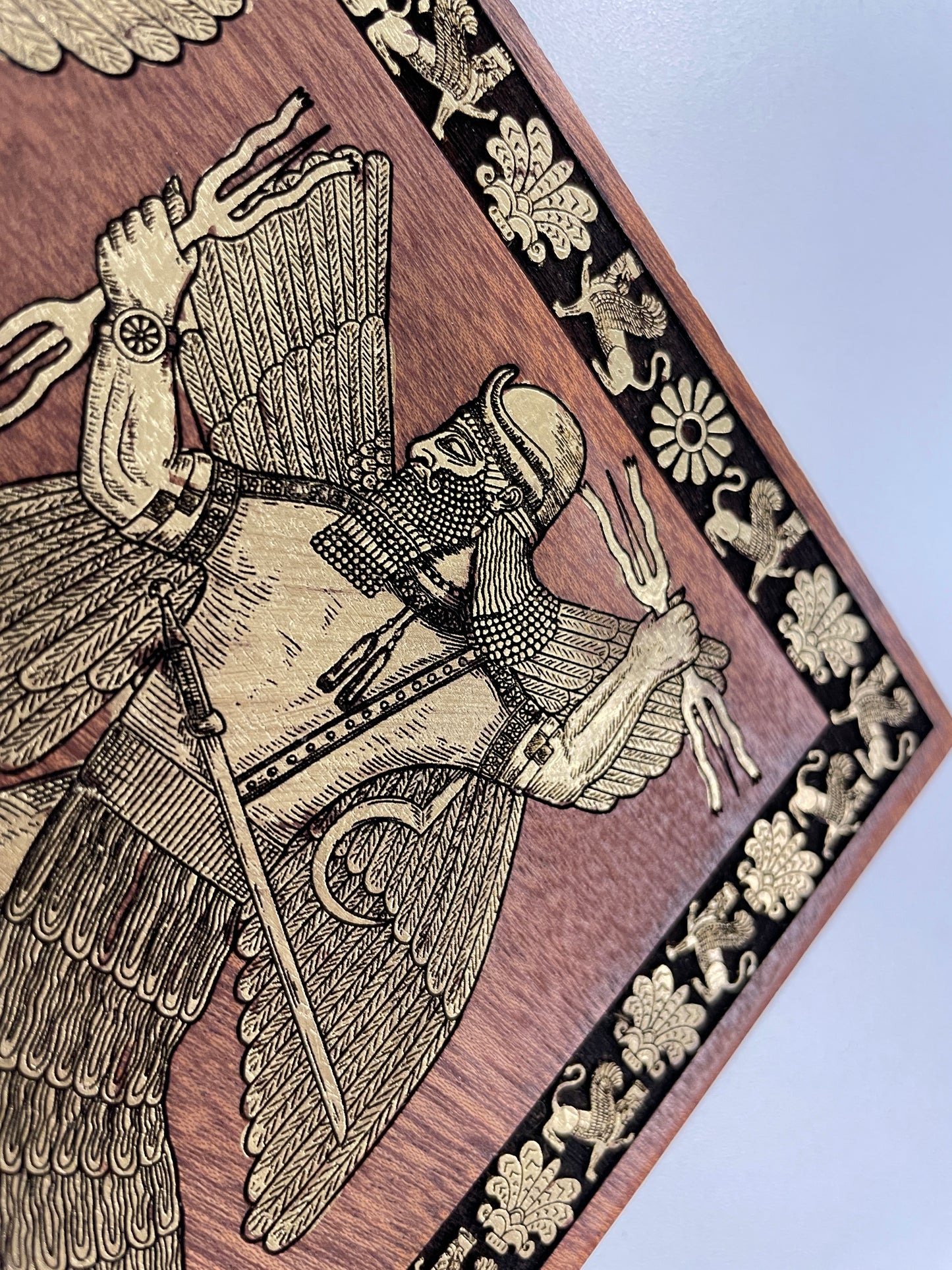 Sumerian Anunnaki God Wall Art – Assyrian Deity Engraved Wood Decor with Ancient Mythology Symbolism