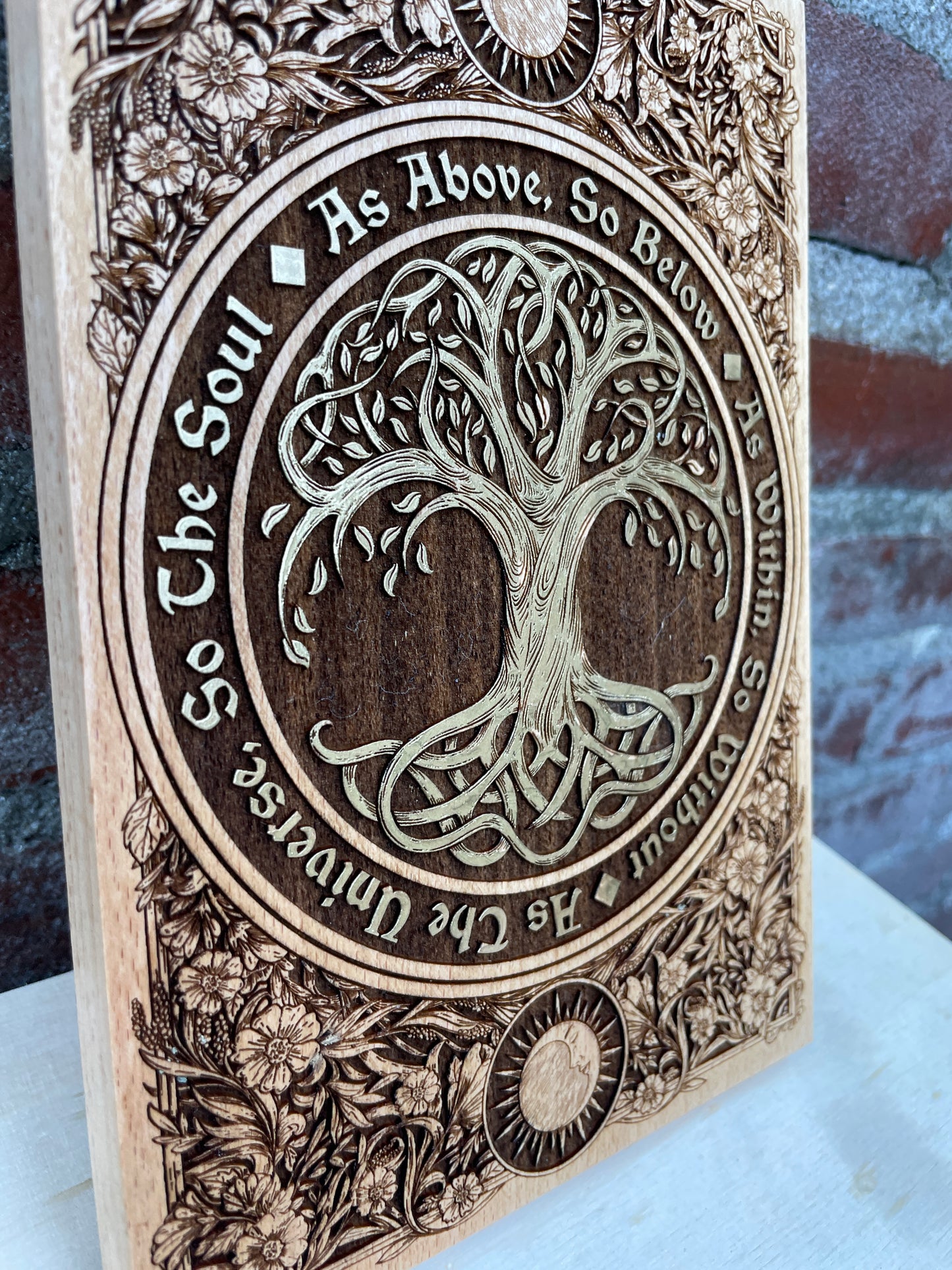 Handmade solid wood sacred decor panel with Wiccan Tree of Life and Hermetic phrase