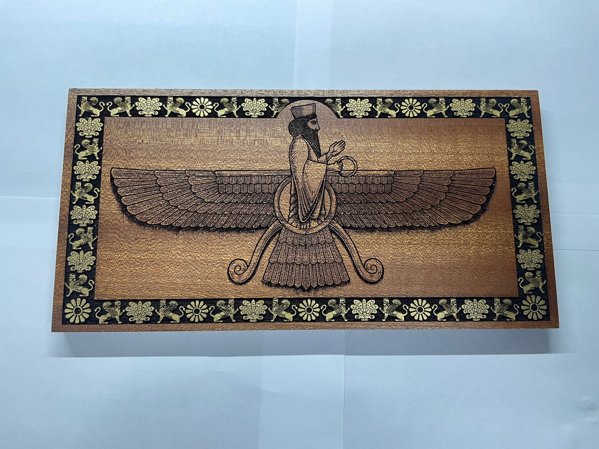 Zoroastrian Faravahar wall decor engraved in mahogany wood, handmade Persian spiritual art suitable for meditation room or office
