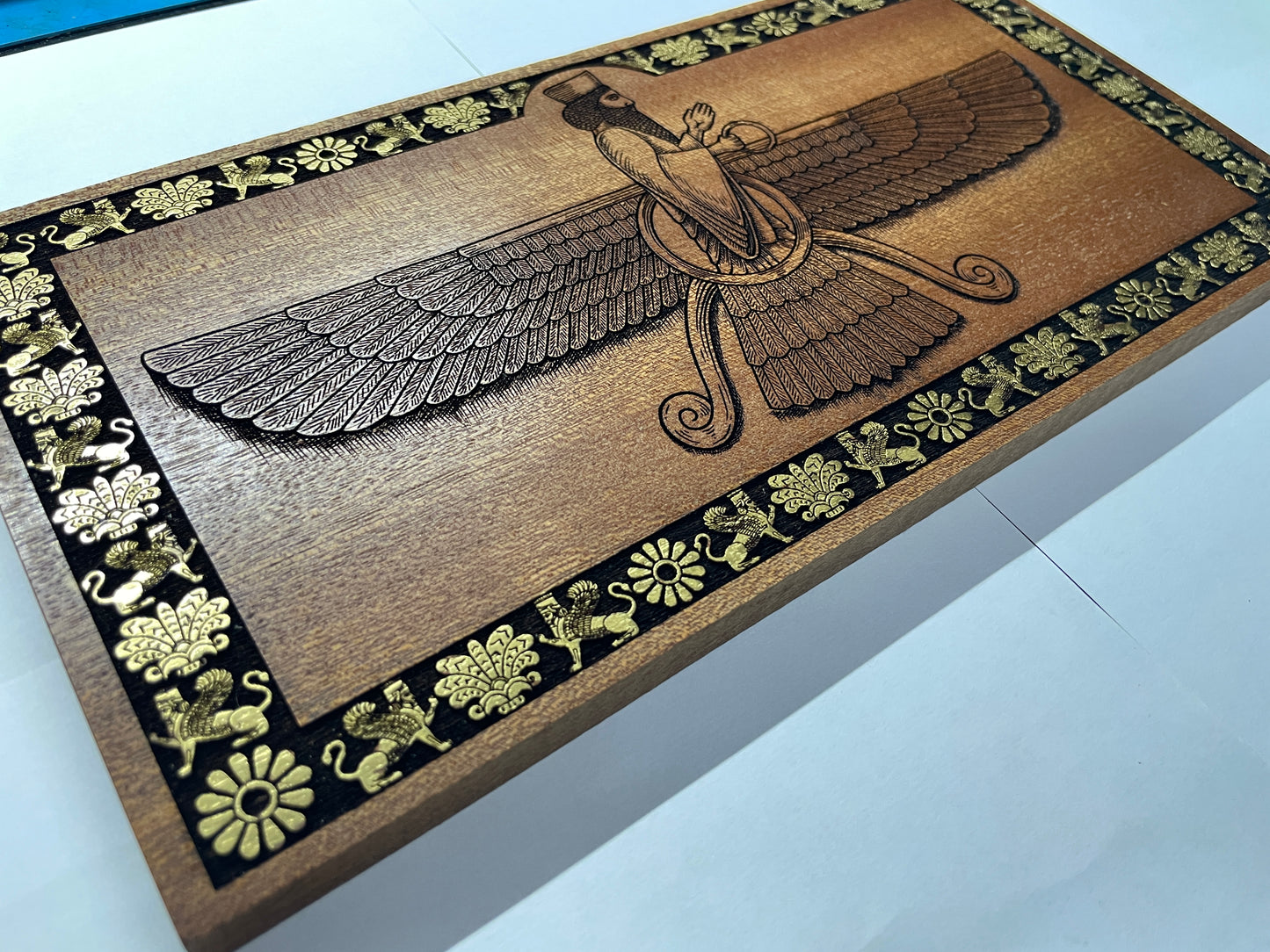 Ahura Mazda Faravahar Wall Art – Zoroastrian Persian Symbol Engraved Mahogany Wood