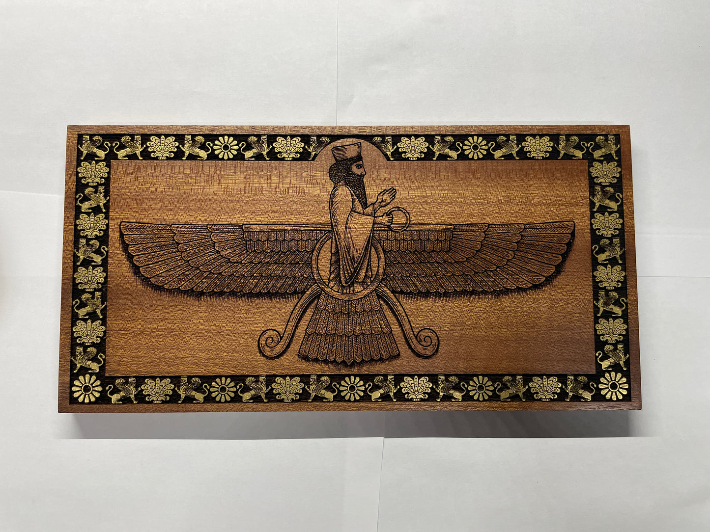 Ahura Mazda Faravahar Wall Art – Zoroastrian Persian Symbol Engraved Mahogany Wood