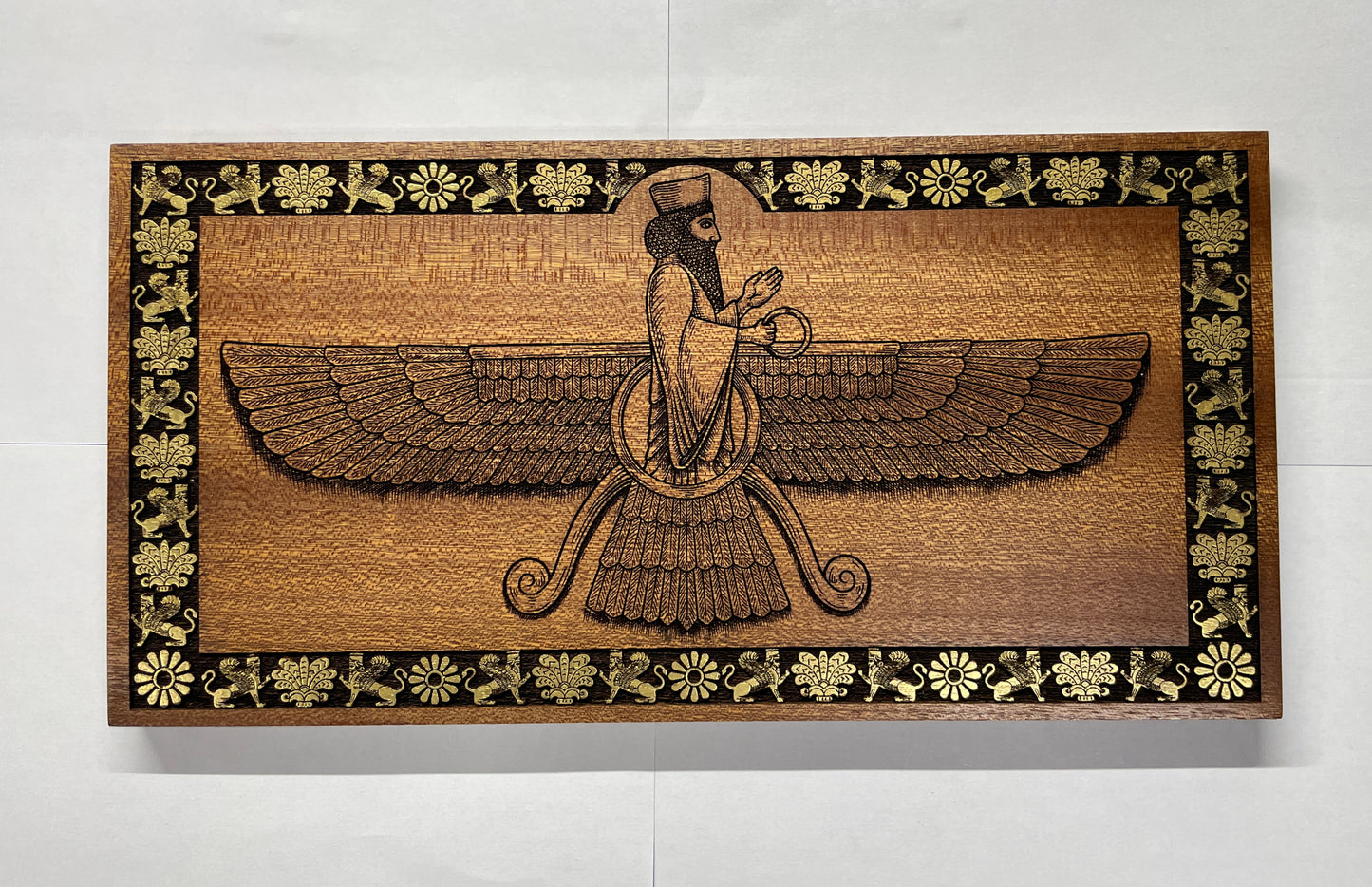 Ahura Mazda Faravahar Wall Art – Zoroastrian Persian Symbol Engraved Mahogany Wood
