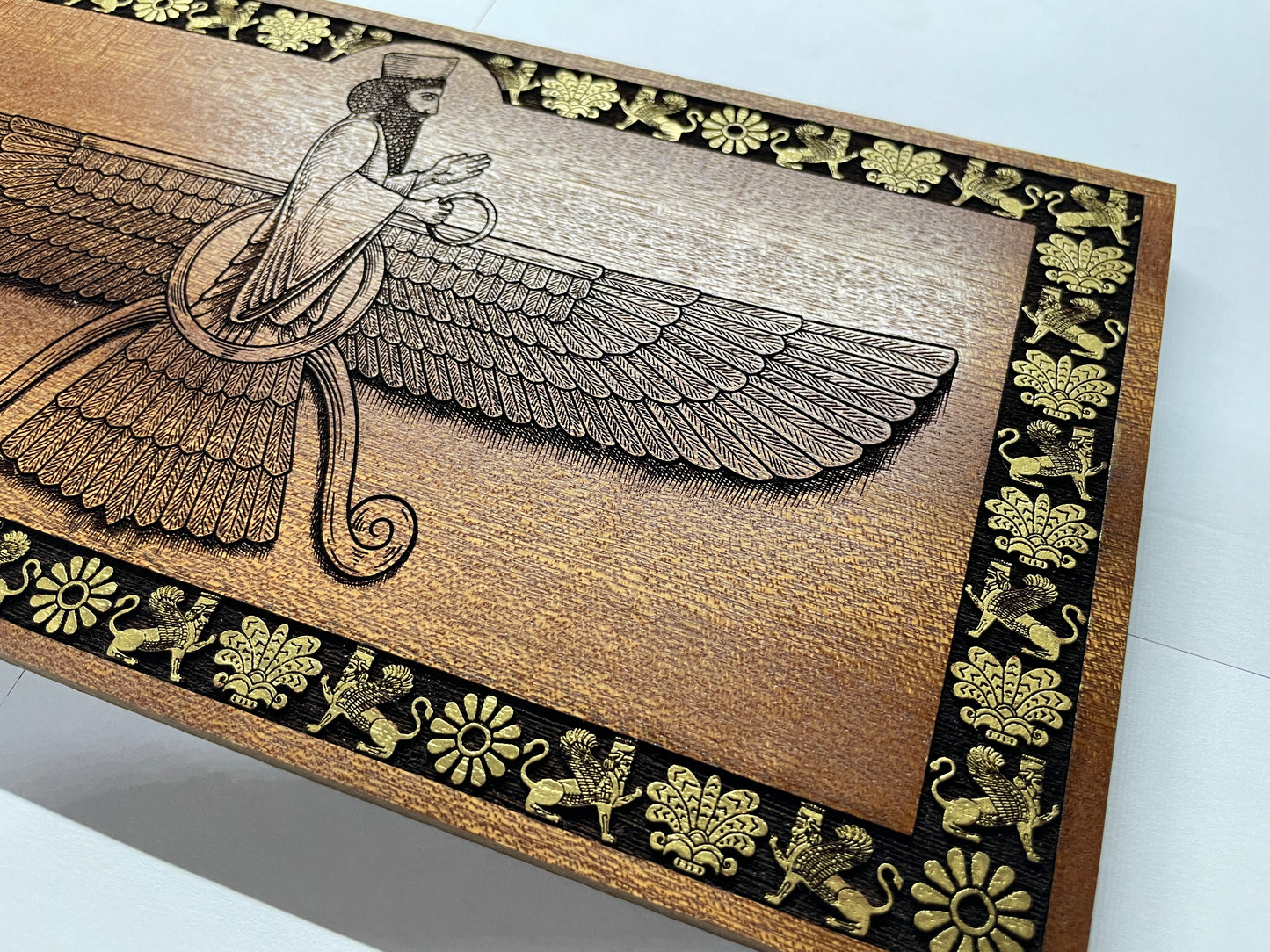 Ahura Mazda Faravahar Wall Art – Zoroastrian Persian Symbol Engraved Mahogany Wood