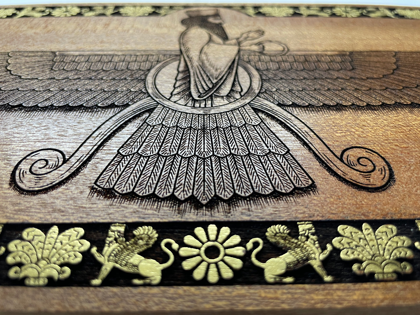 Ahura Mazda Faravahar Wall Art – Zoroastrian Persian Symbol Engraved Mahogany Wood