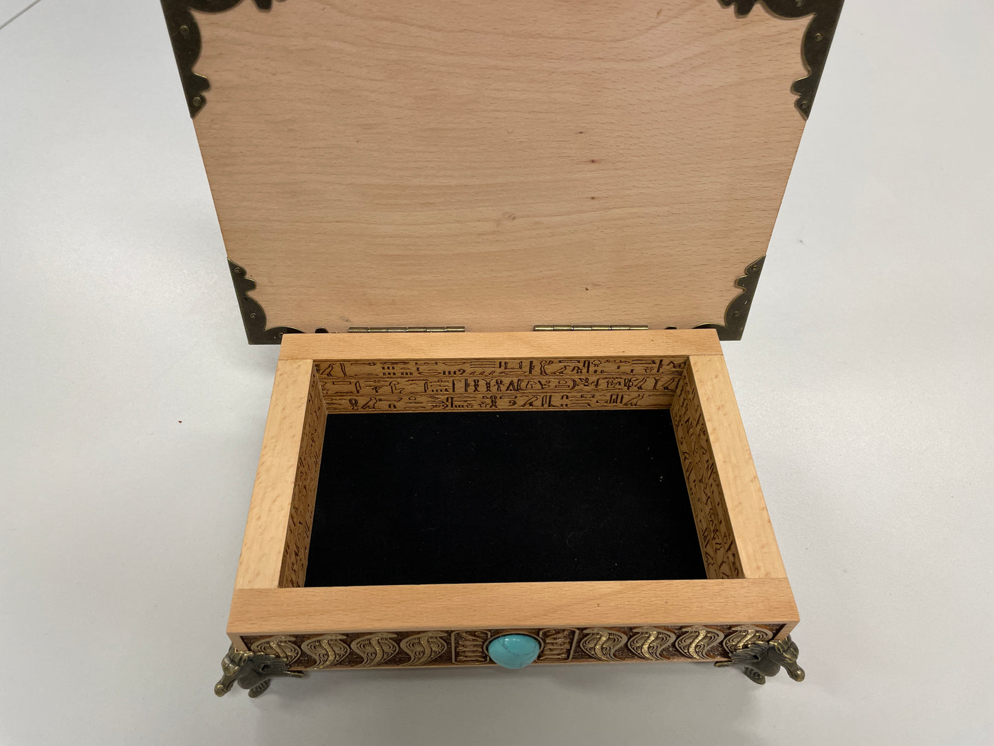 Handmade Egyptian tarot box interior engraved with hieroglyphic patterns, Eye of Horus altar storage chest