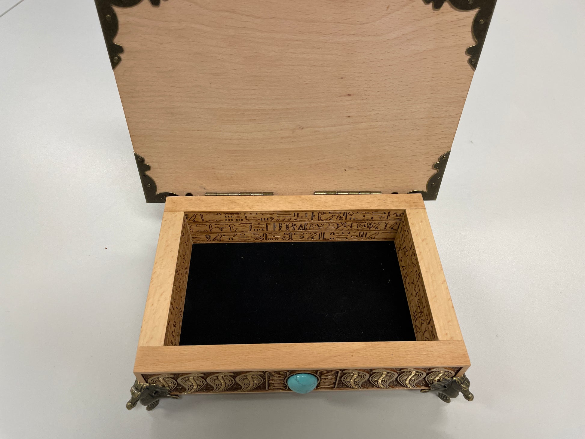 Handmade Egyptian tarot box interior engraved with hieroglyphic patterns, Eye of Horus altar storage chest