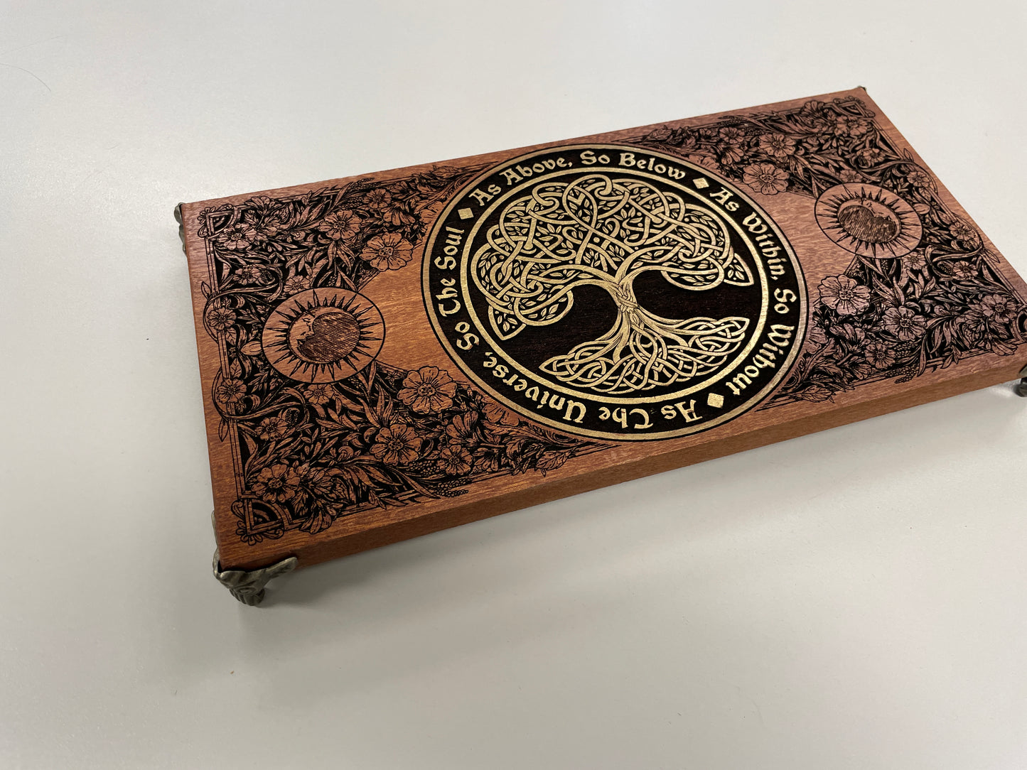 Handmade mahogany altar board for Wiccan and pagan rituals with sacred Hermetic quote engraving
