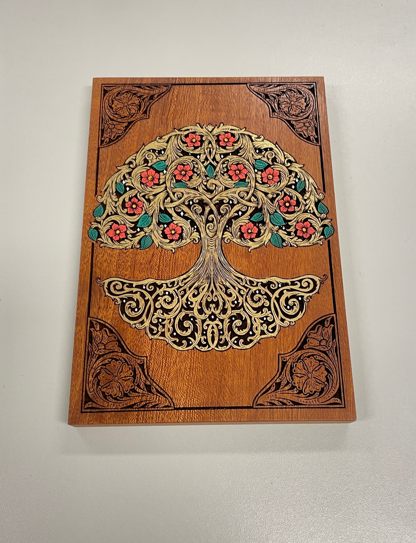 Handcrafted Tree of Life wooden wall panel engraved and hand painted spiritual decor