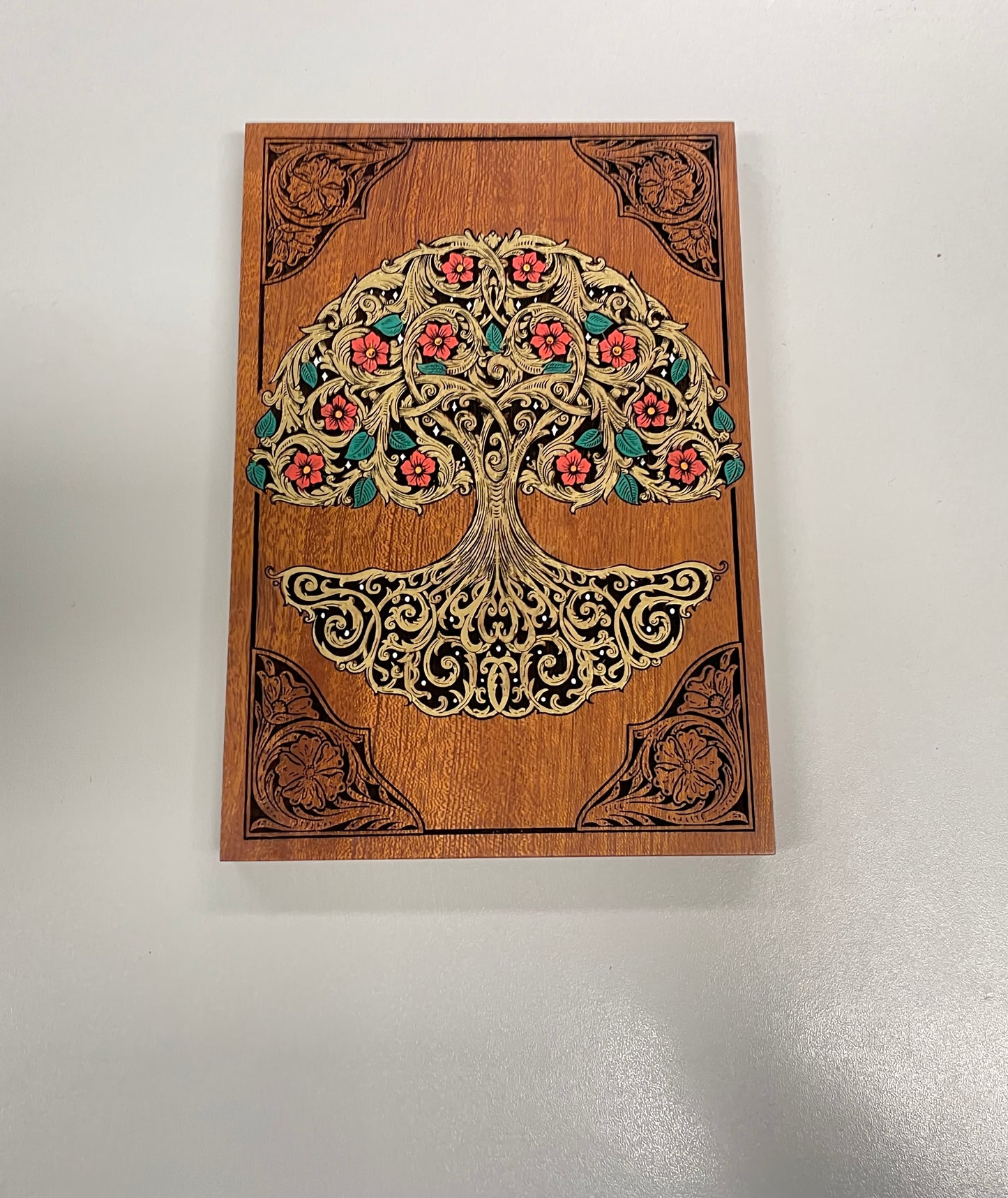 Tree of Life Wooden Wall Art – Hand Painted Mahogany Yggdrasil Sacred Tree Engraved Decor Large