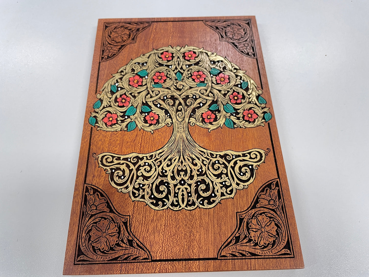 Tree of Life Wooden Wall Art – Hand Painted Mahogany Yggdrasil Sacred Tree Engraved Decor Large