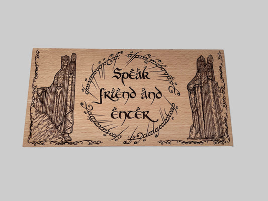 Speak friend and enter engraved wooden wall art with fantasy wizard figures handmade beech wood panel