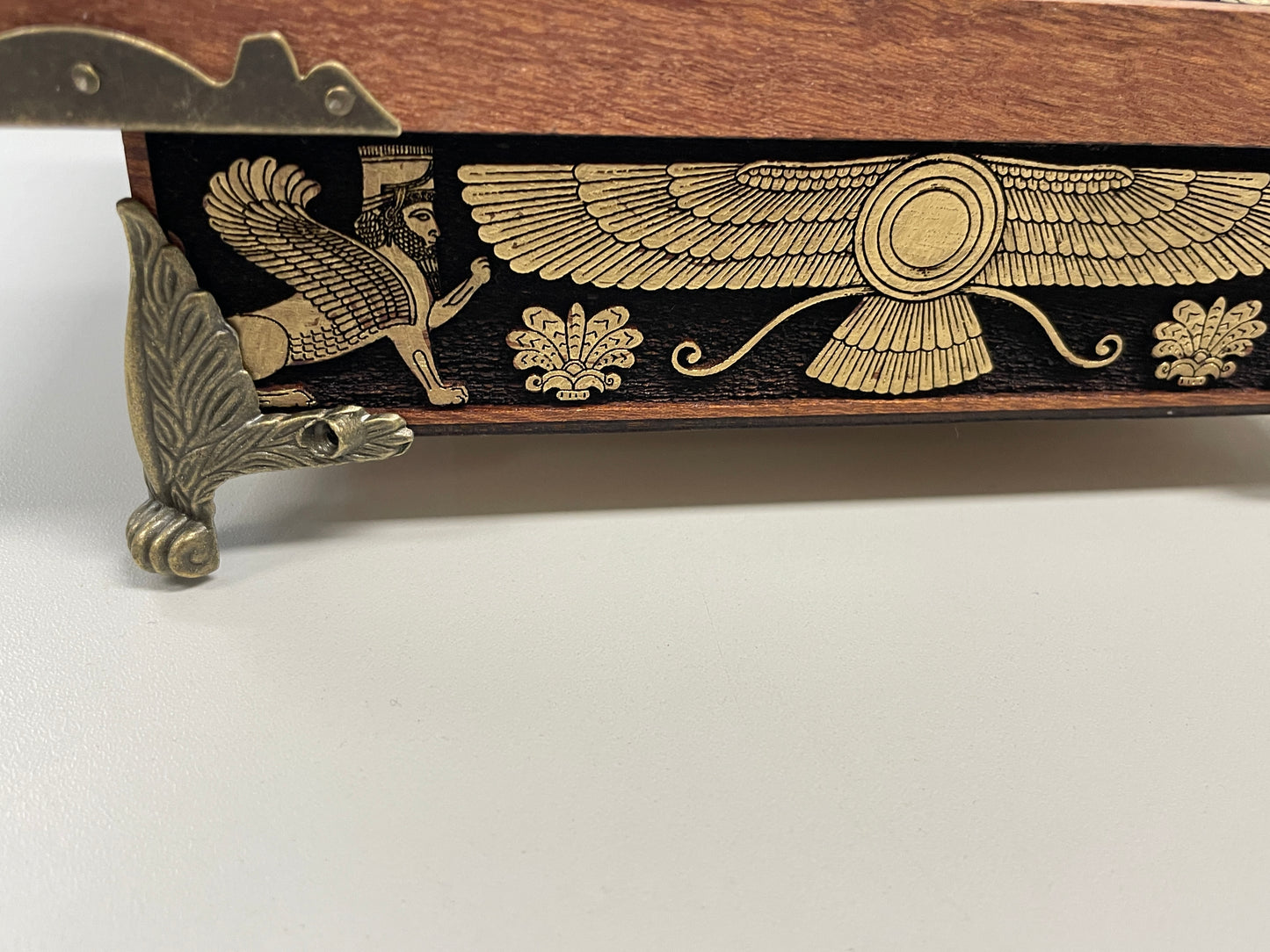 Ahura Mazda Zoroastrian Altar Box – Mahogany Ritual Storage Chest with Sacred Fire & Faravahar Engraving - Forgotten Engravings