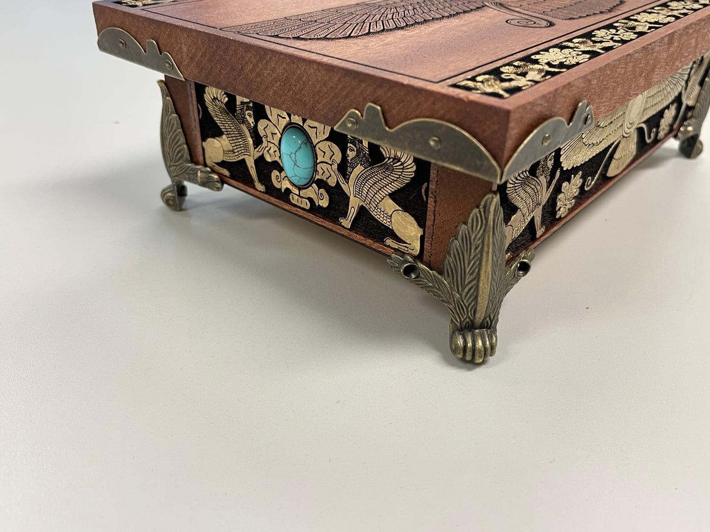 Zoroastrian altar box with engraved religious symbolism and sacred fire art, spiritual home decor