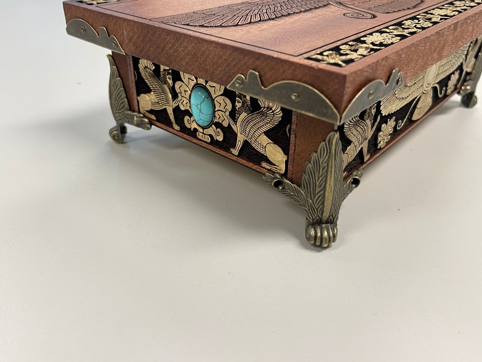 Zoroastrian altar box with engraved religious symbolism and sacred fire art, spiritual home decor