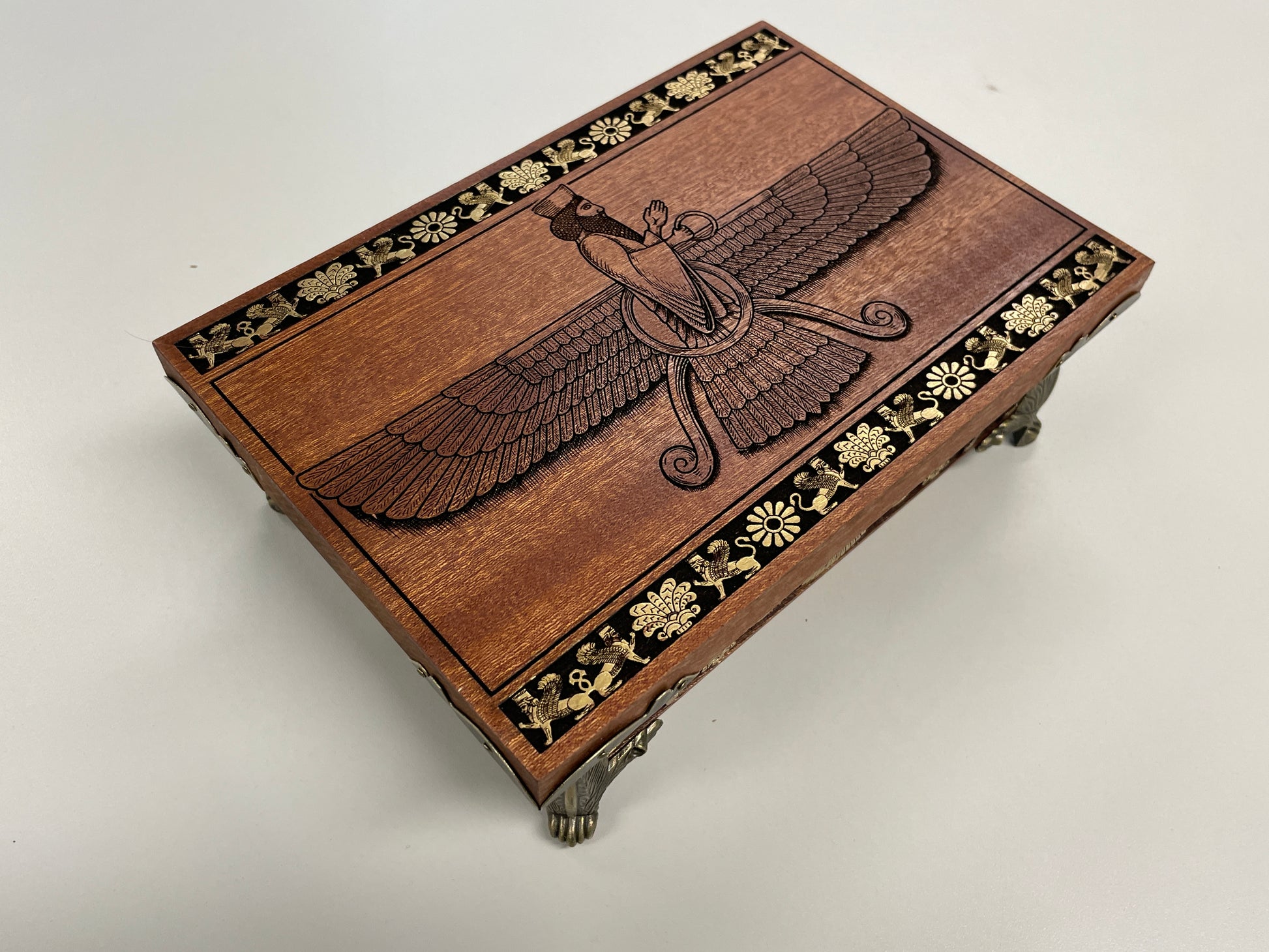 Ahura Mazda Zoroastrian Altar Box – Mahogany Ritual Storage Chest with Sacred Fire & Faravahar Engraving - Forgotten Engravings