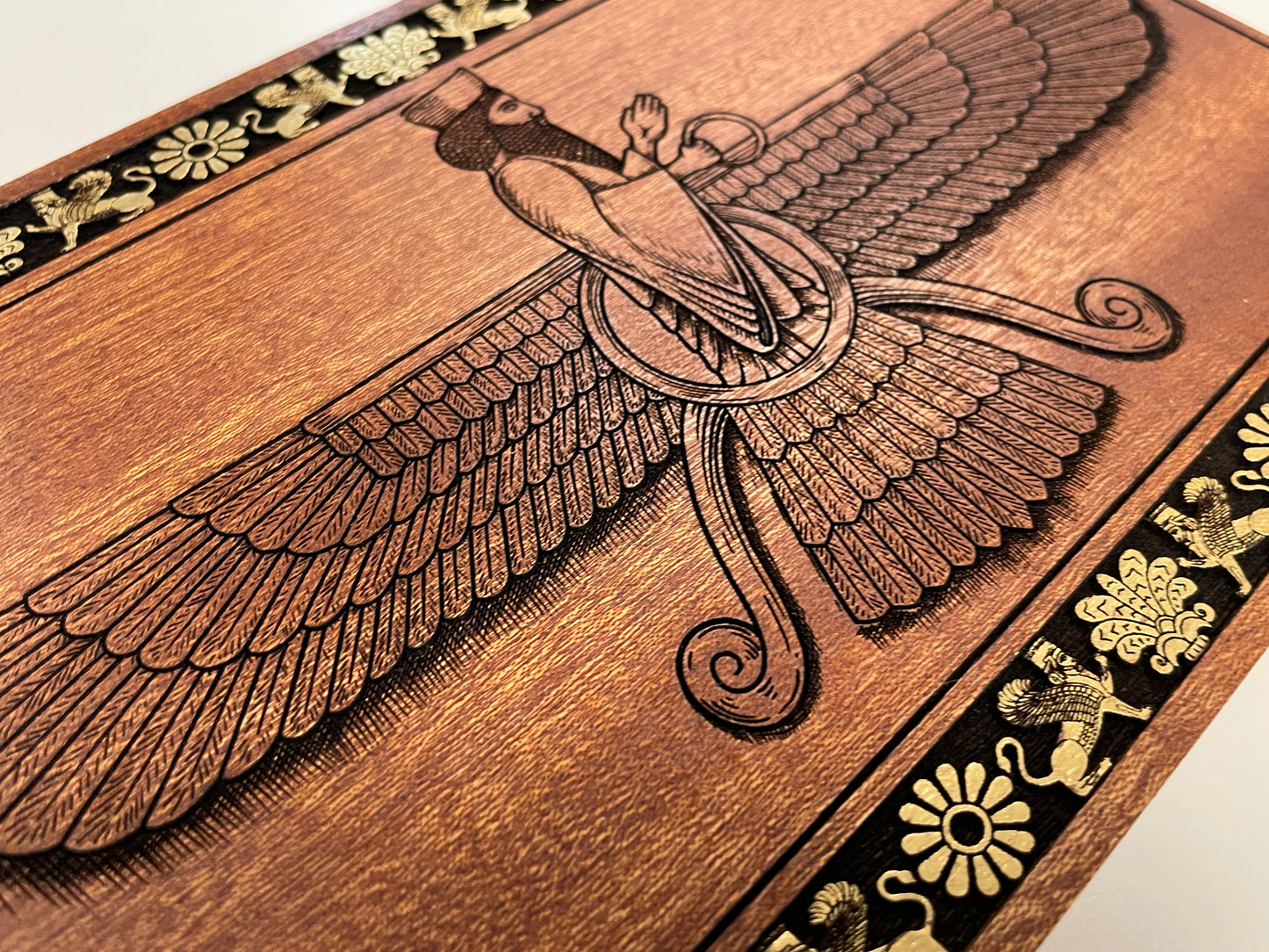 Ahura Mazda Zoroastrian Altar Box – Mahogany Ritual Storage Chest with Sacred Fire & Faravahar Engraving - Forgotten Engravings