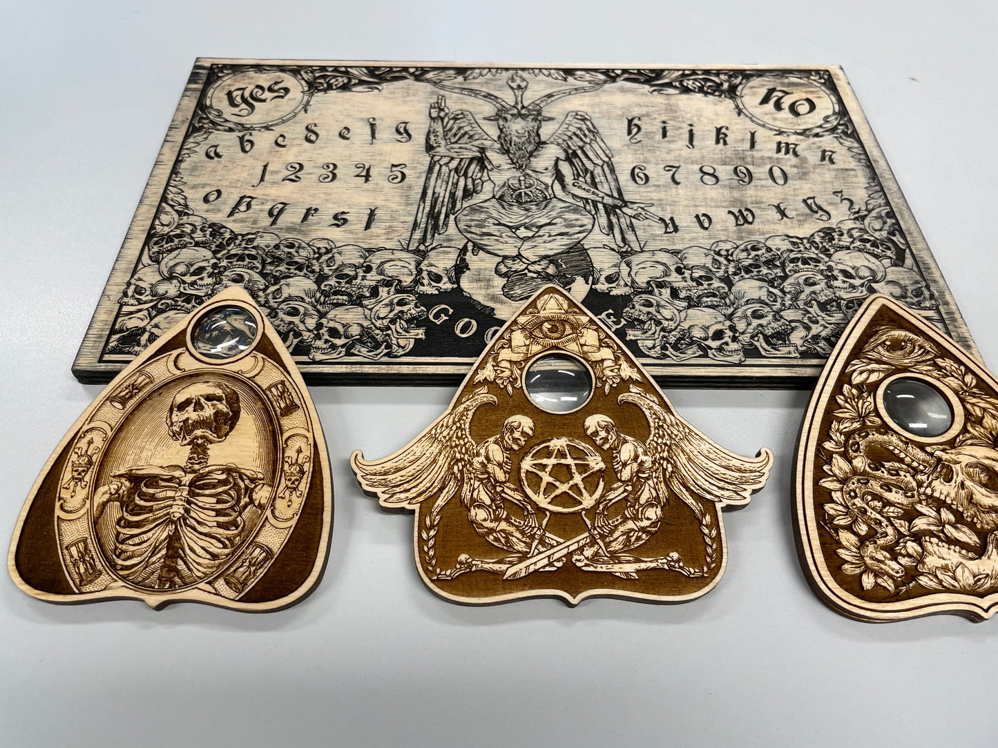 Gothic wooden planchette set of 3 with glass eye lens engraved spirit board pointer