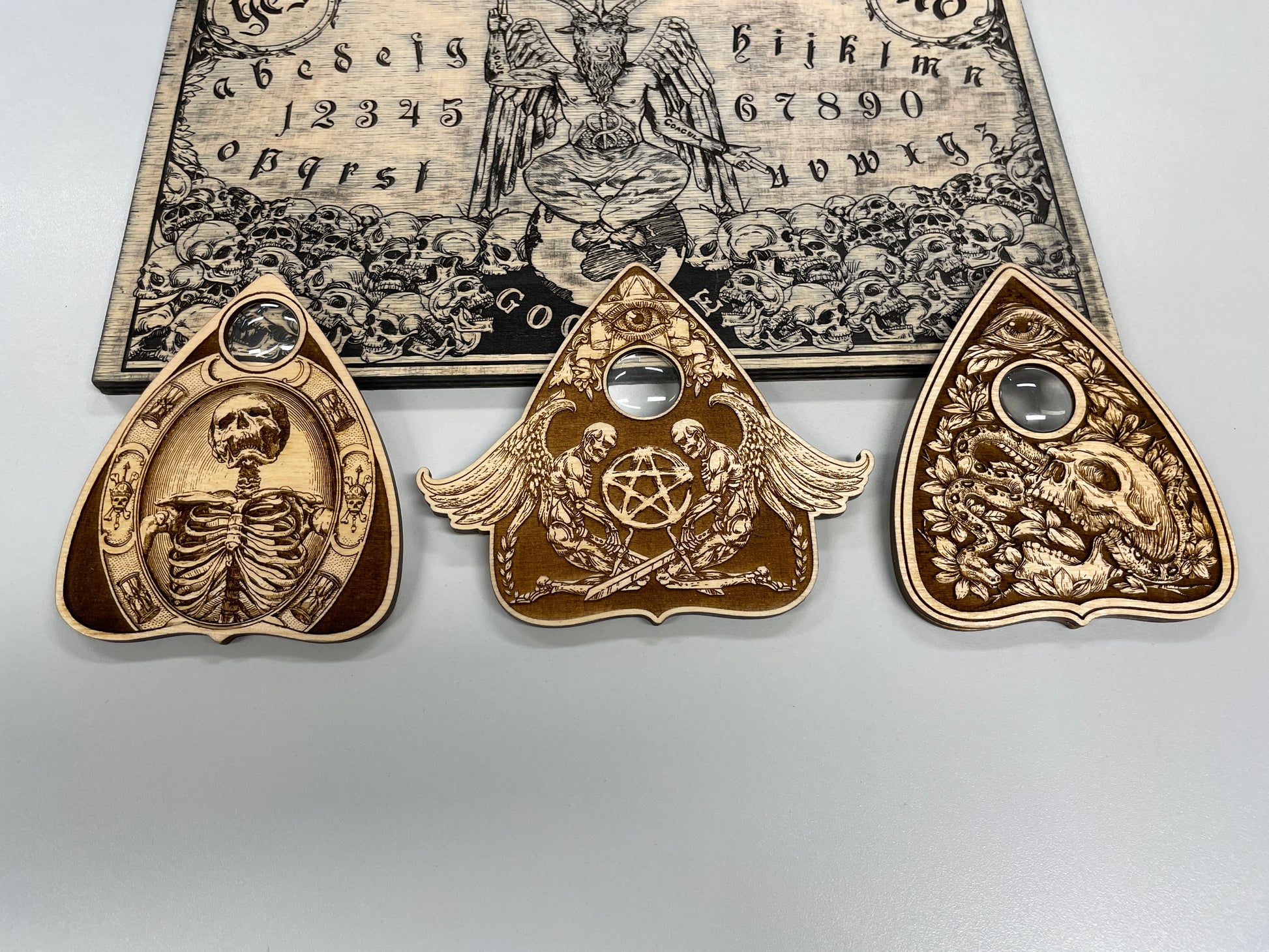 Ouija wooden planchette with glass eye lens engraved spirit board pointer