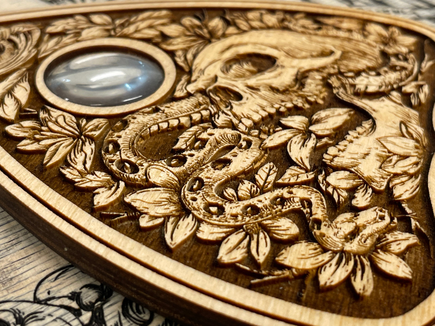 Gothic Wooden Planchette with Glass Eye – Engraved Spirit Board Pointer, Occult Decor  SET OF 3 - Forgotten Engravings