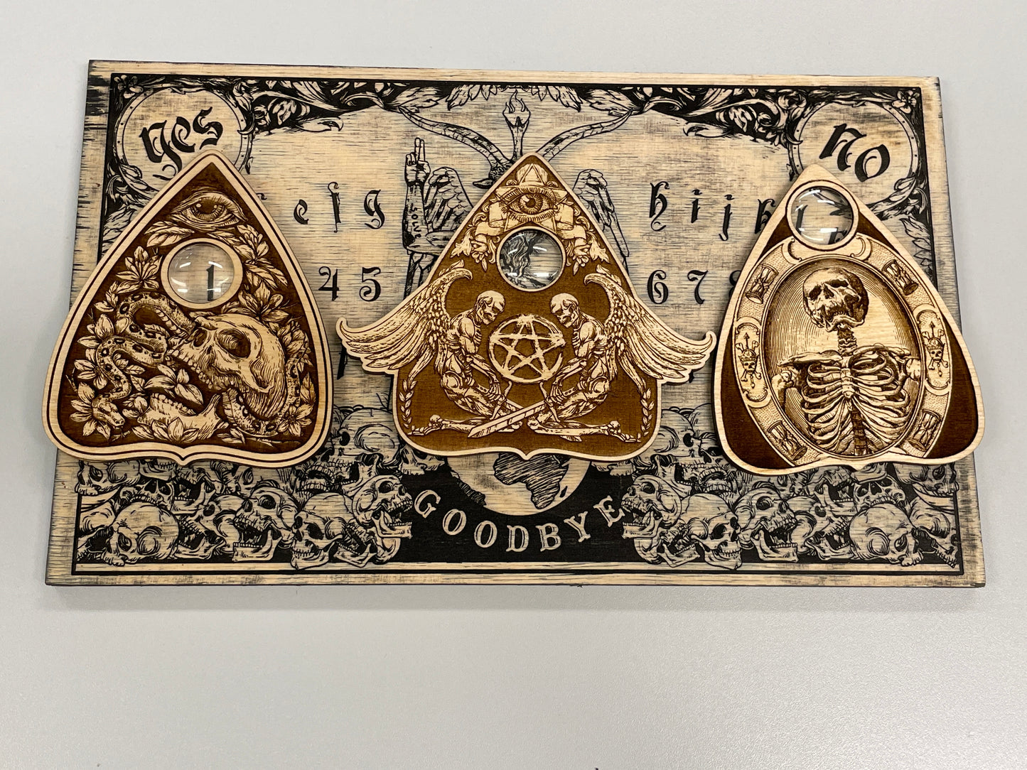 Gothic Wooden Planchette with Glass Eye – Engraved Spirit Board Pointer, Occult Decor  SET OF 3 - Forgotten Engravings