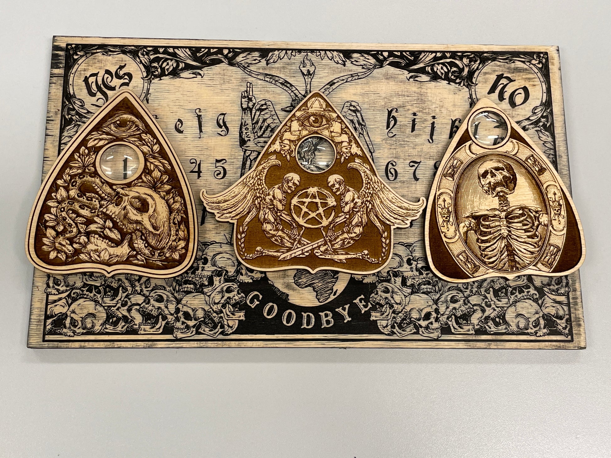 Gothic Wooden Planchette with Glass Eye – Engraved Spirit Board Pointer, Occult Decor  SET OF 3 - Forgotten Engravings