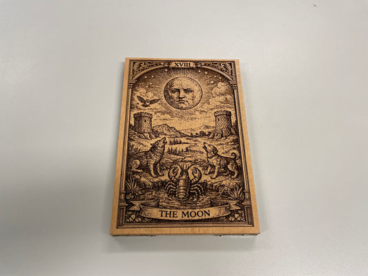 The Moon Tarot Card Wall Art – Major Arcana XVIII Medieval Woodcut Style Engraved Wood Panel 12 inch
