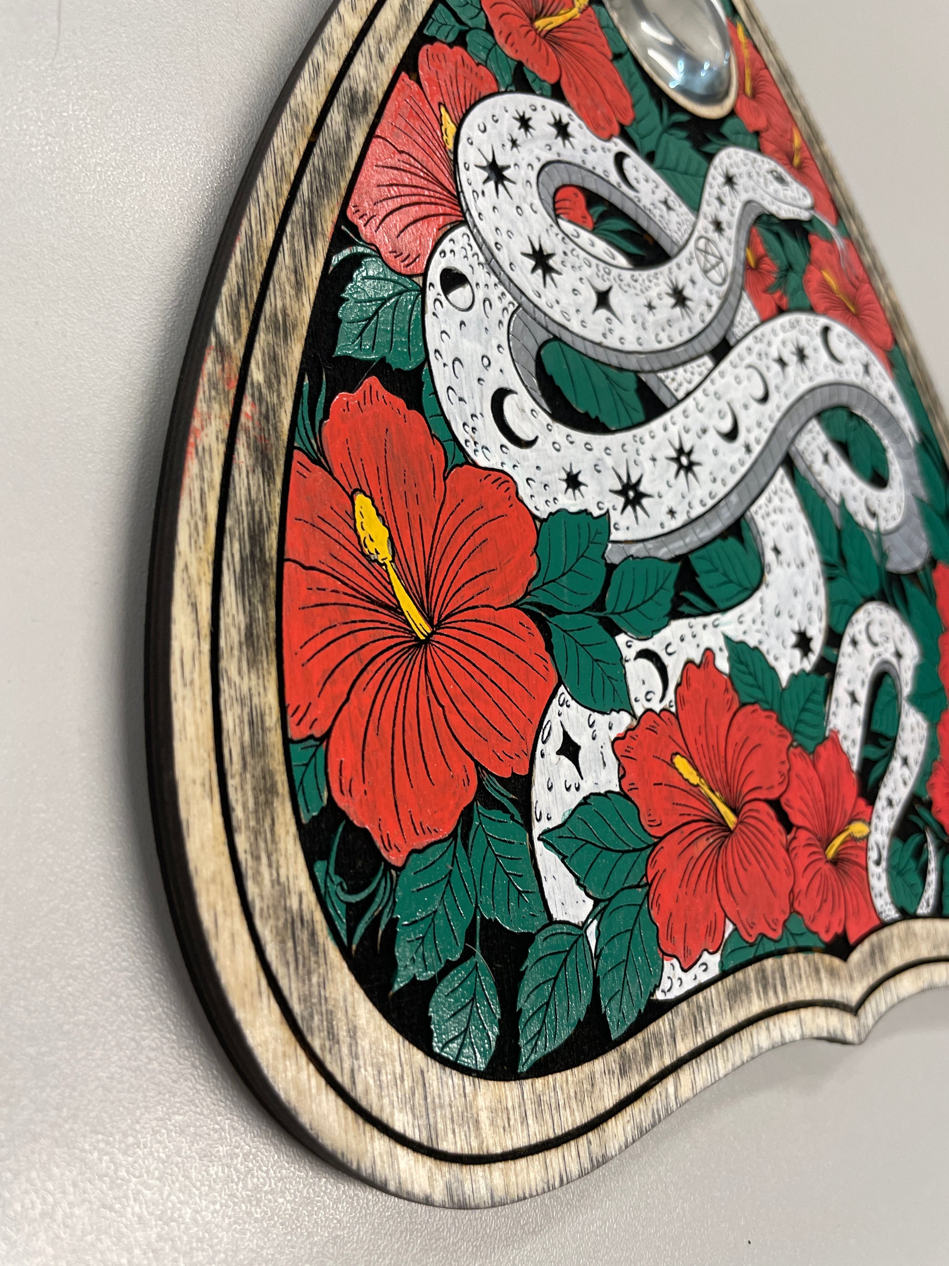 Celestial Snake Ouija Planchette Wall Art – Hand Painted Spirit Board Decor with Hibiscus Flowers - Forgotten Engravings