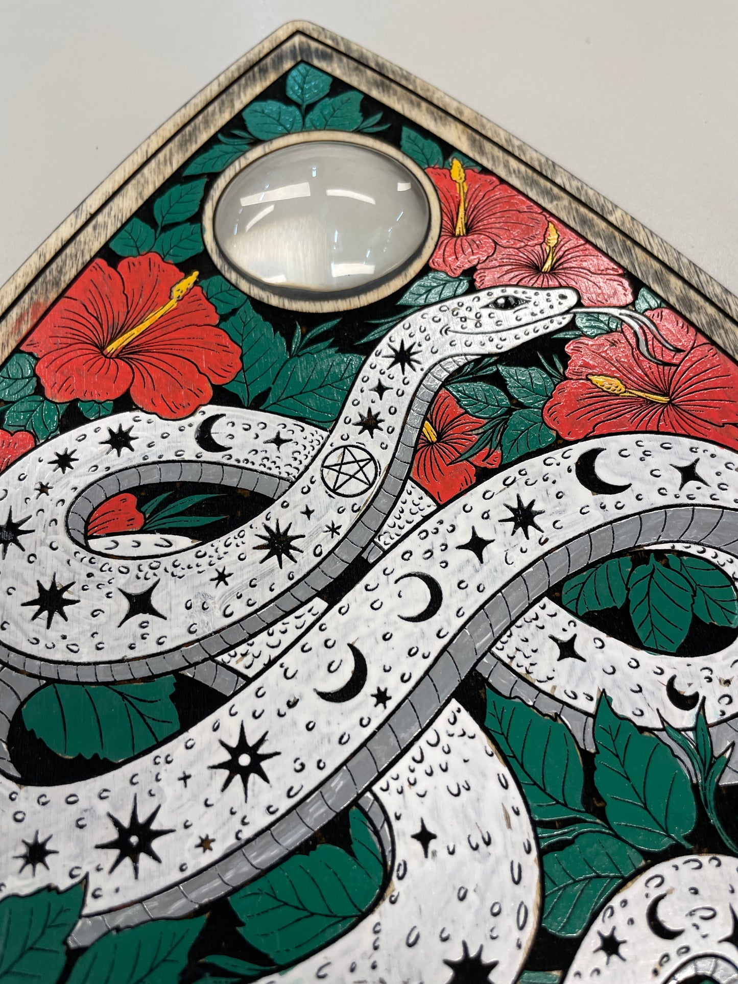 Occult botanical Ouija board planchette wall decor celestial serpent design