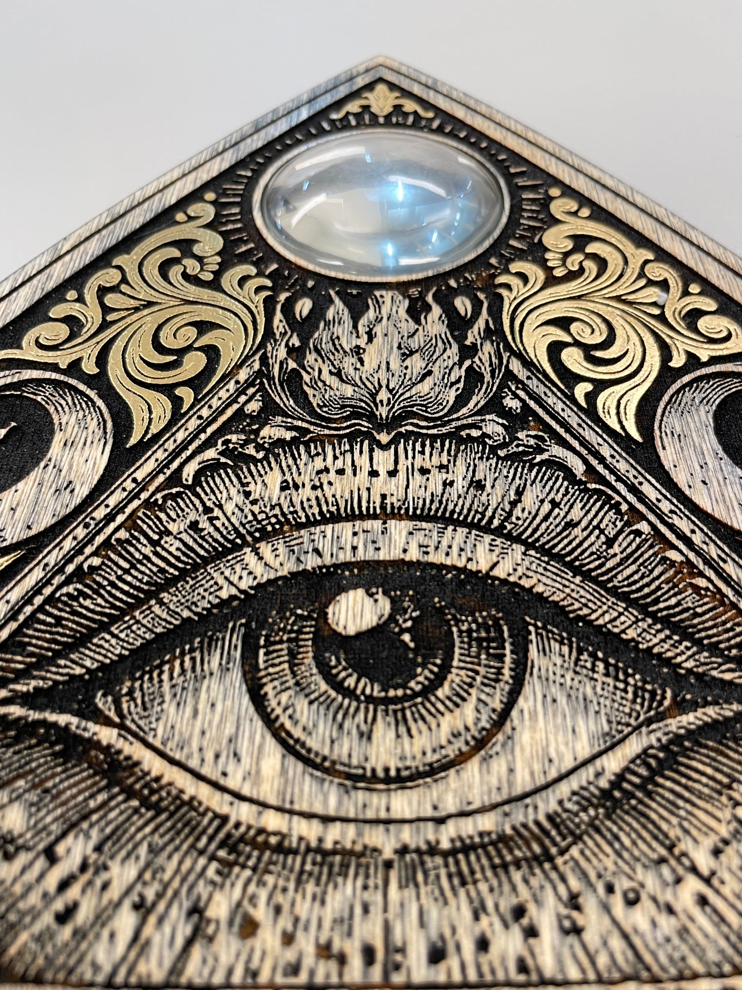 engraved wooden ouija board spirit board planchette wall art hand painted gold mystical decor