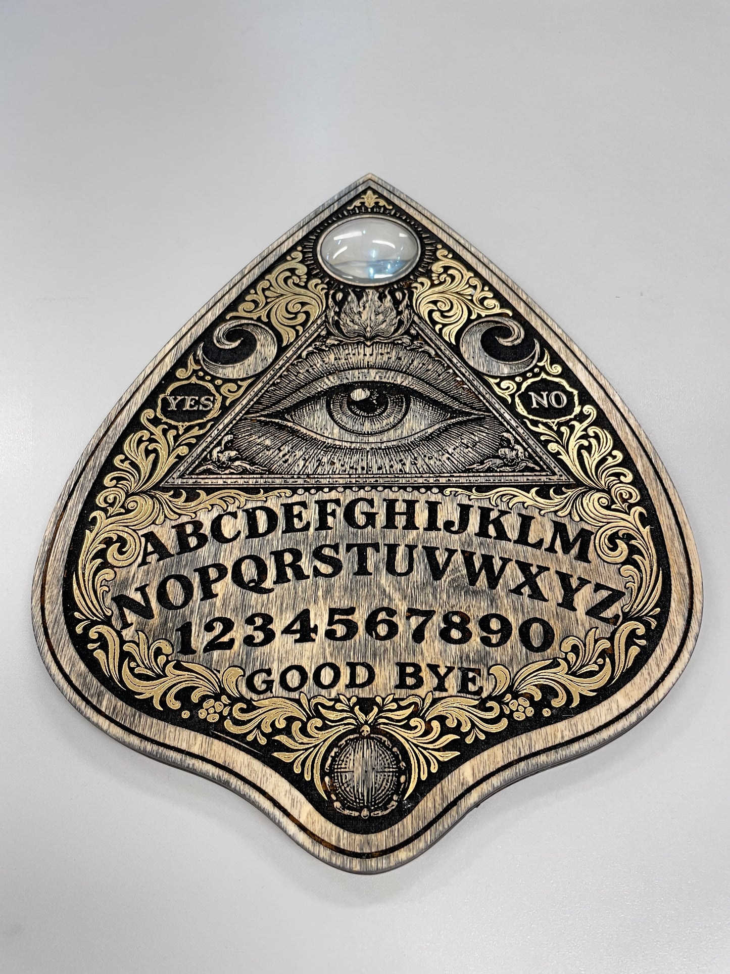 engraved wooden ouija board  planchette wall art hand painted gold mystical decor