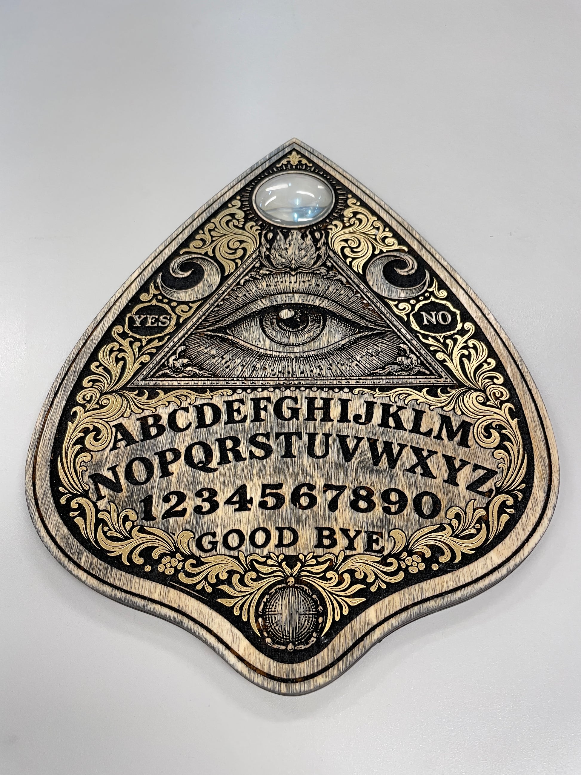 engraved wooden ouija board  planchette wall art hand painted gold mystical decor