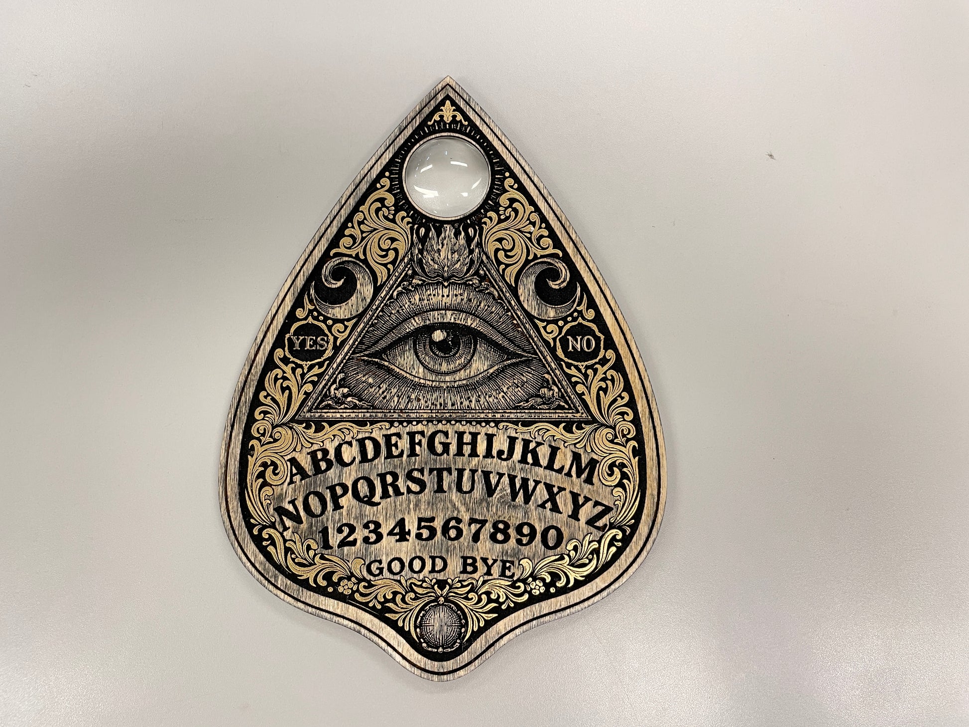 Ouija Board Planchette Wall Art Hand Painted Gold Spirit Board Wall Decor All Seeing Eye Occult Gothic Wooden Wall Hanging - Forgotten Engravings