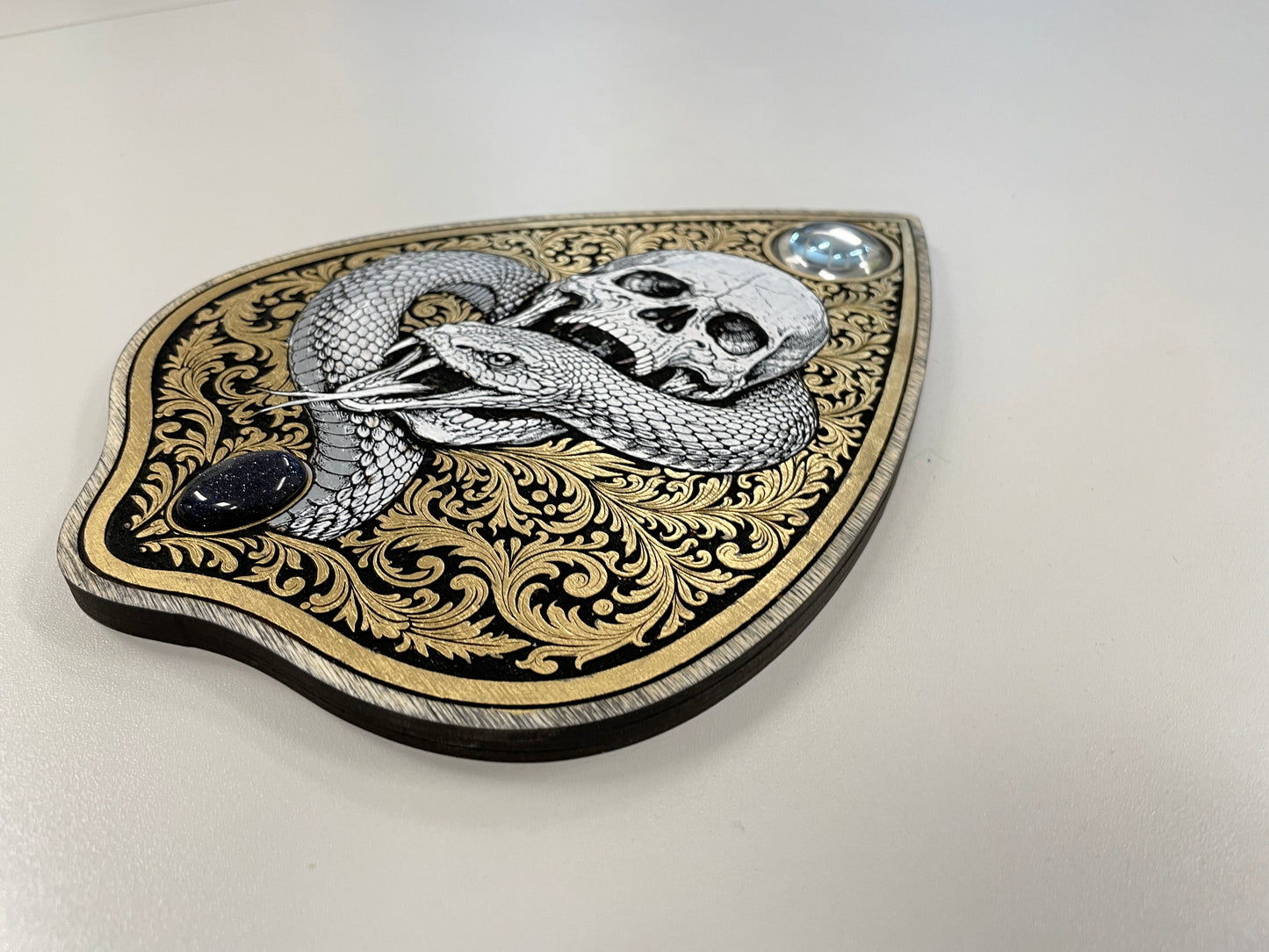 Gothic Skull and Snake Ouija Board Planchette Wall Art – Hand Painted Spirit Board Decor with Glass Lens - Forgotten Engravings