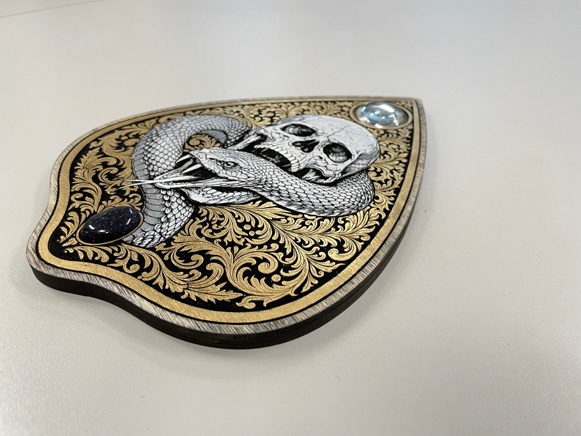 Gothic Skull and Snake Ouija Board Planchette Wall Art – Hand Painted Spirit Board Decor with Glass Lens - Forgotten Engravings