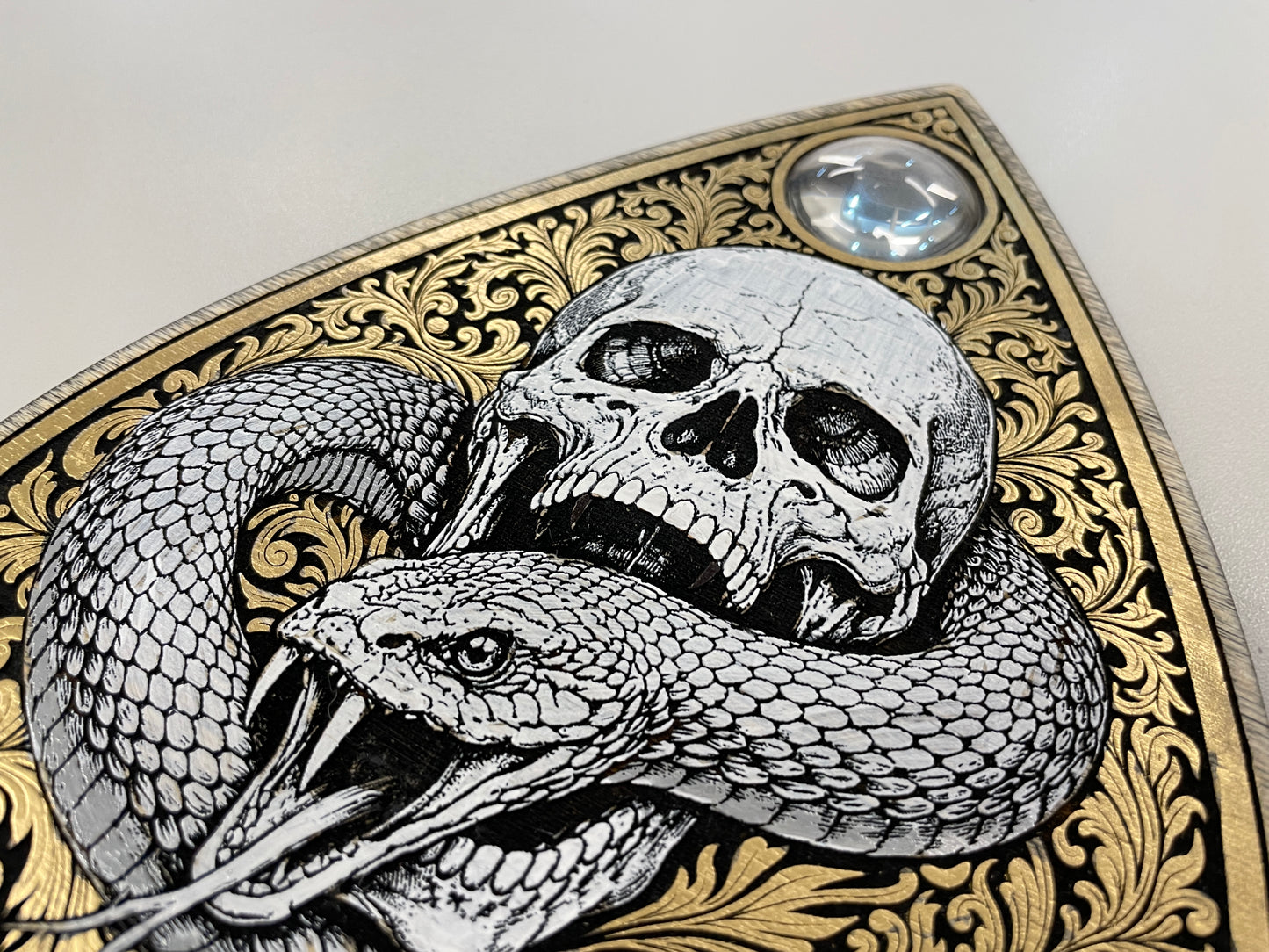 Gothic Skull and Snake Ouija Board Planchette Wall Art – Hand Painted Spirit Board Decor with Glass Lens - Forgotten Engravings