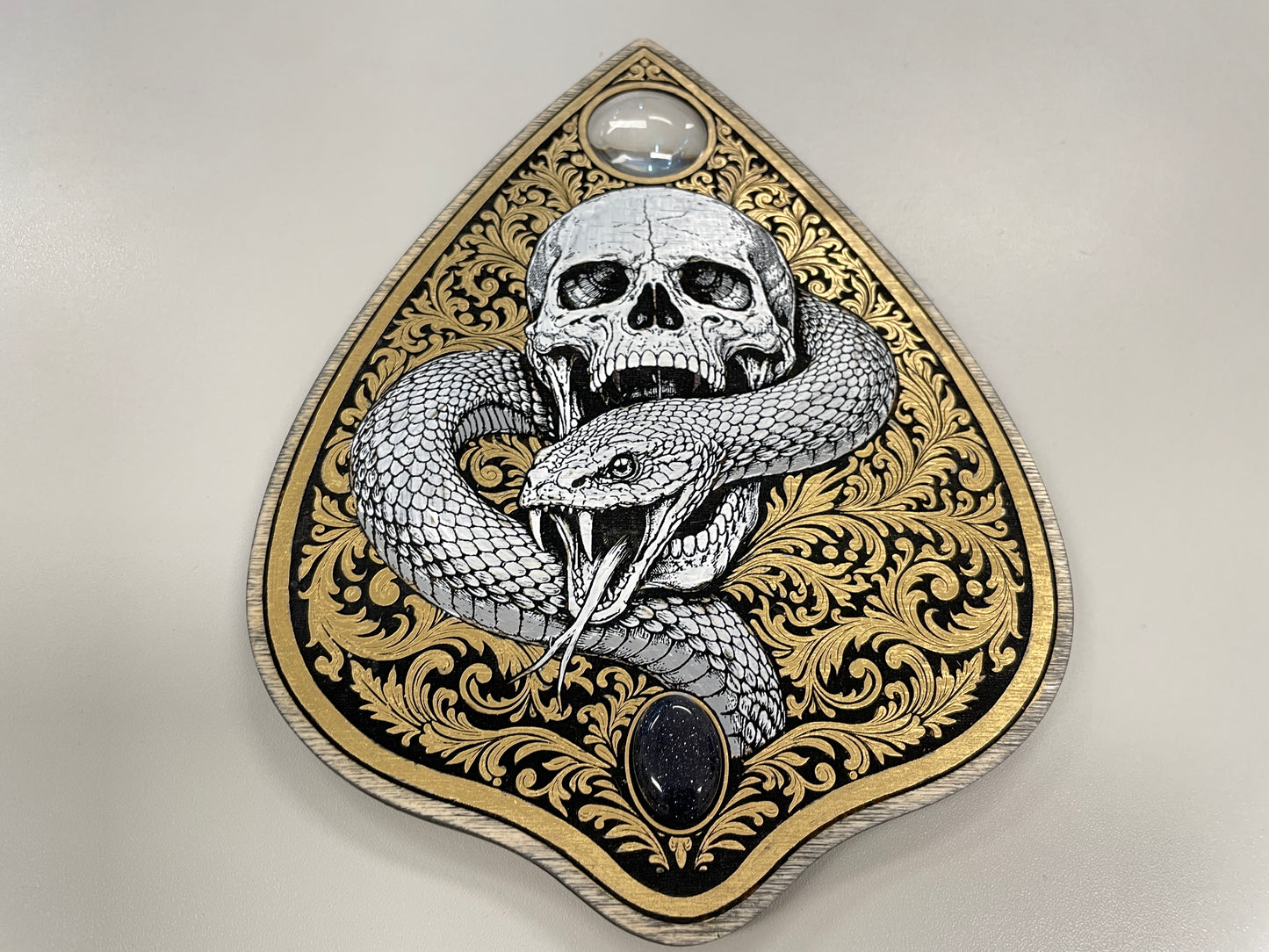 Gothic Skull and Snake Ouija Board Planchette Wall Art – Hand Painted Spirit Board Decor with Glass Lens - Forgotten Engravings